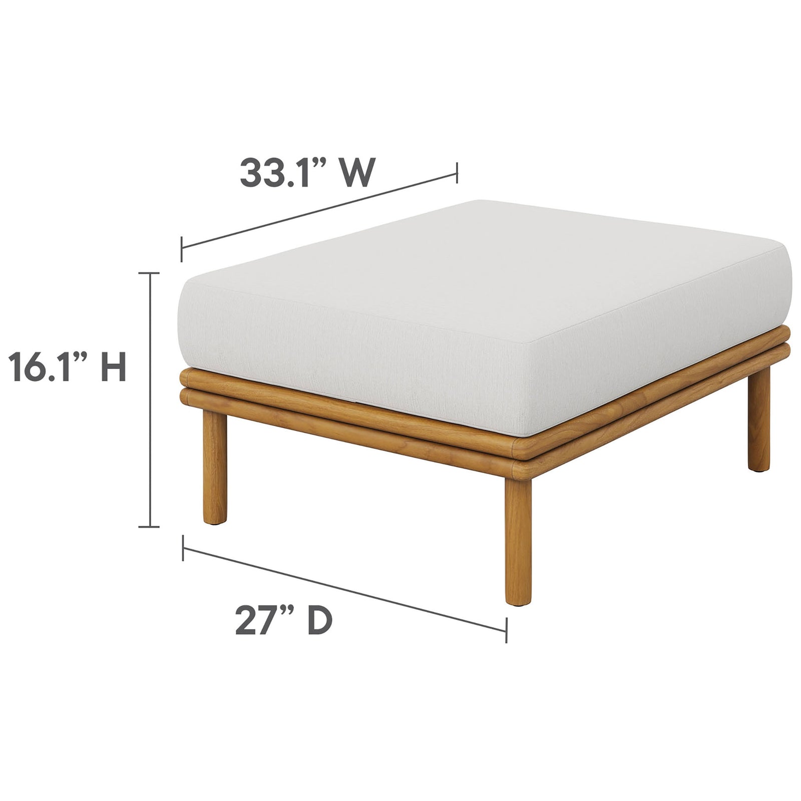 Size diagram outlines the Wren ottoman's height and generous top, helping you plan outdoor layouts. || EEI-7009-NAT-SAI || dimension_studio
