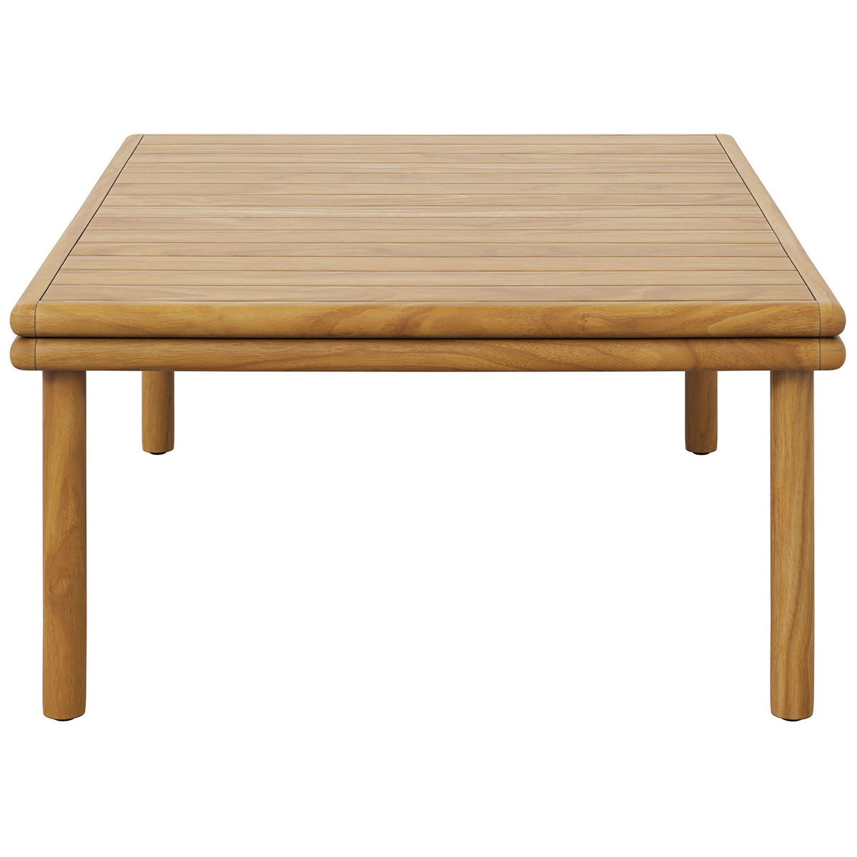 Low-profile teak coffee table showcasing sleek slatted design and sturdy cylindrical legs || EEI-7010-NAT || side_studio