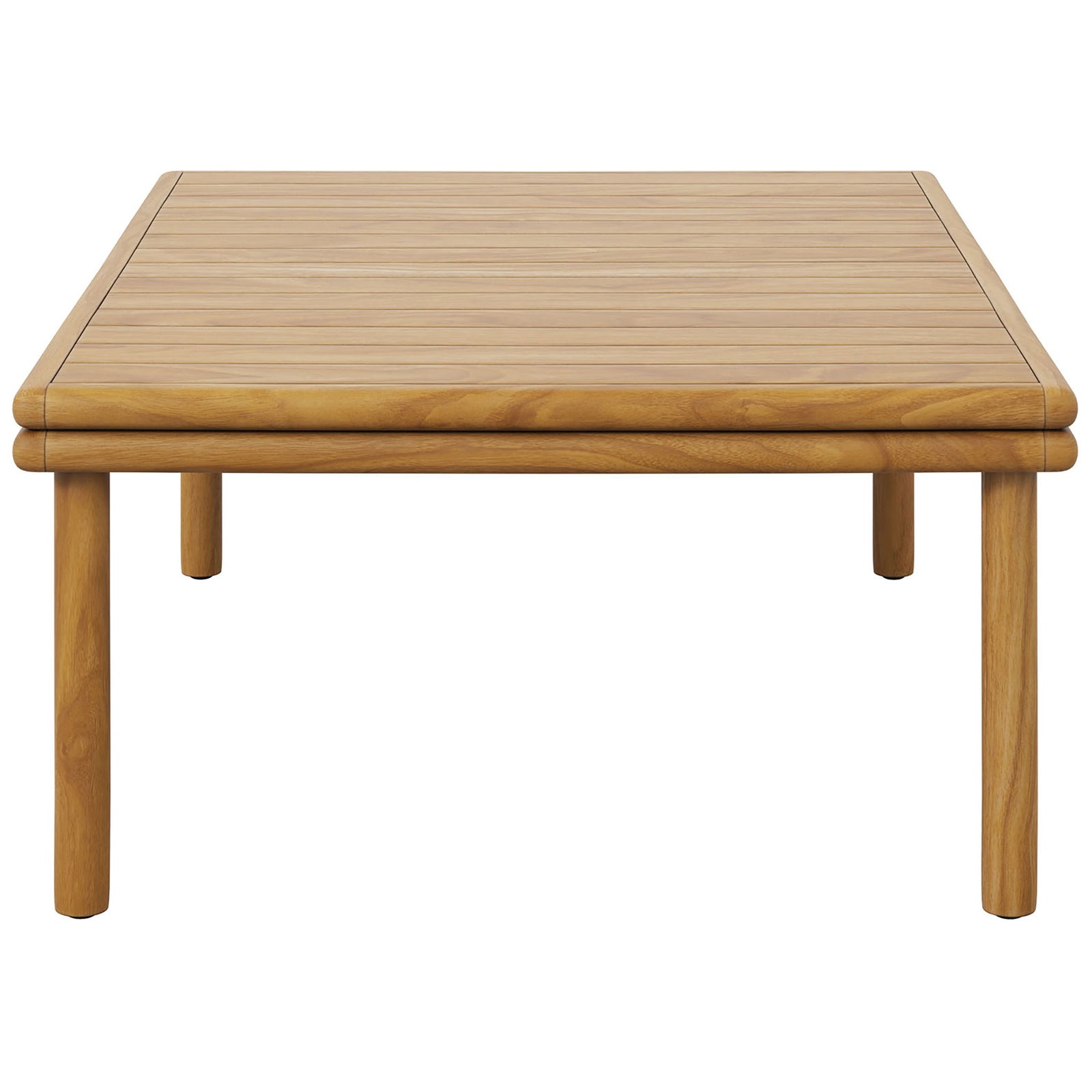 Low-profile teak coffee table showcasing sleek slatted design and sturdy cylindrical legs || EEI-7010-NAT || side_studio