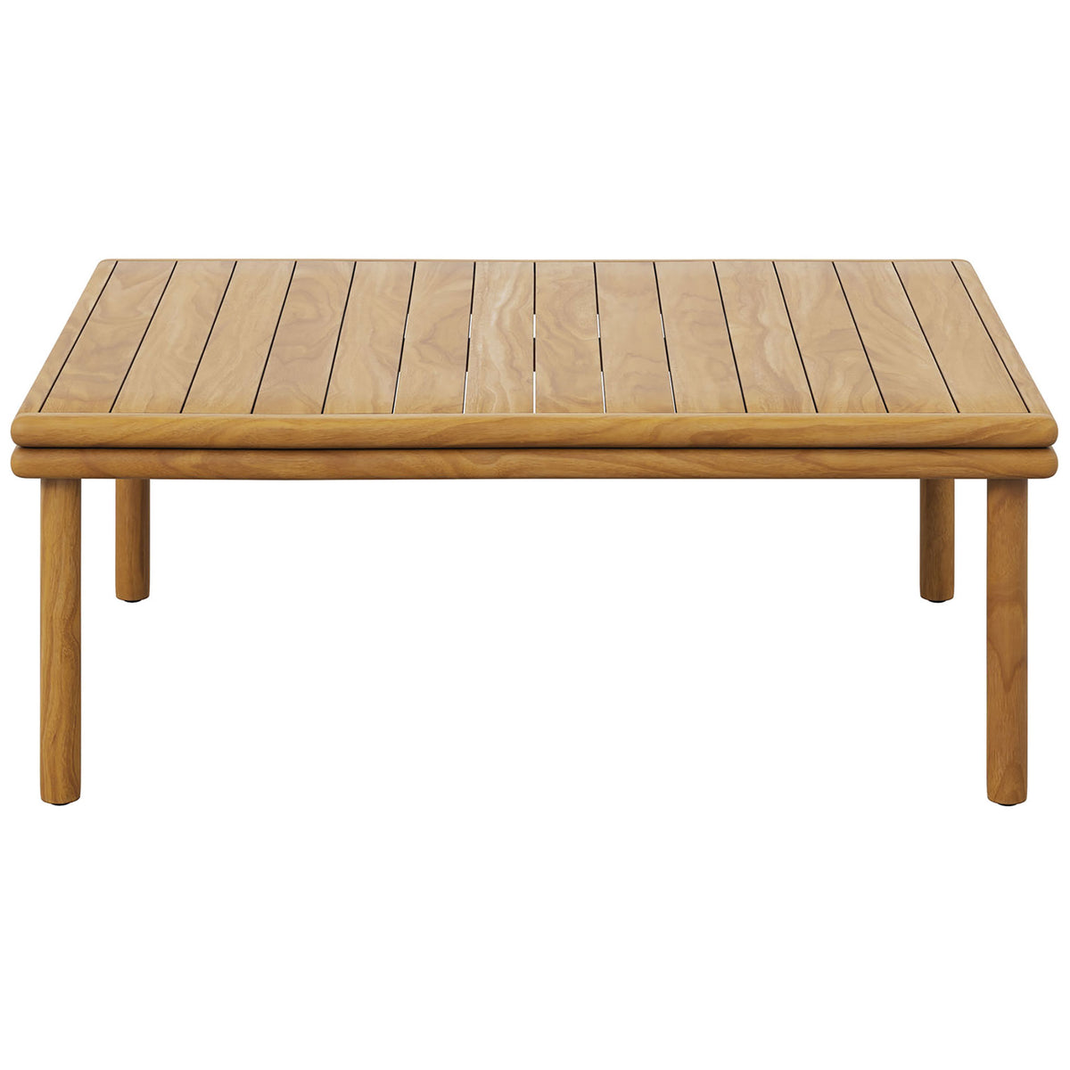 Rectangular teak outdoor coffee table with smooth slatted surface and rounded edges || EEI-7010-NAT || front_studio