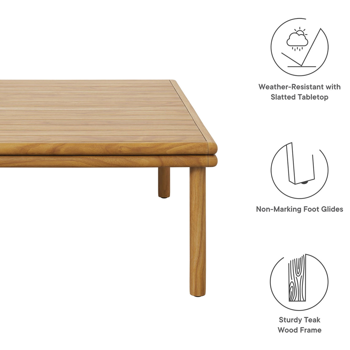 Teak coffee table corner with illustrated callouts for weather resistance, foot glides, and sturdy frame || EEI-7010-NAT || callout_studio