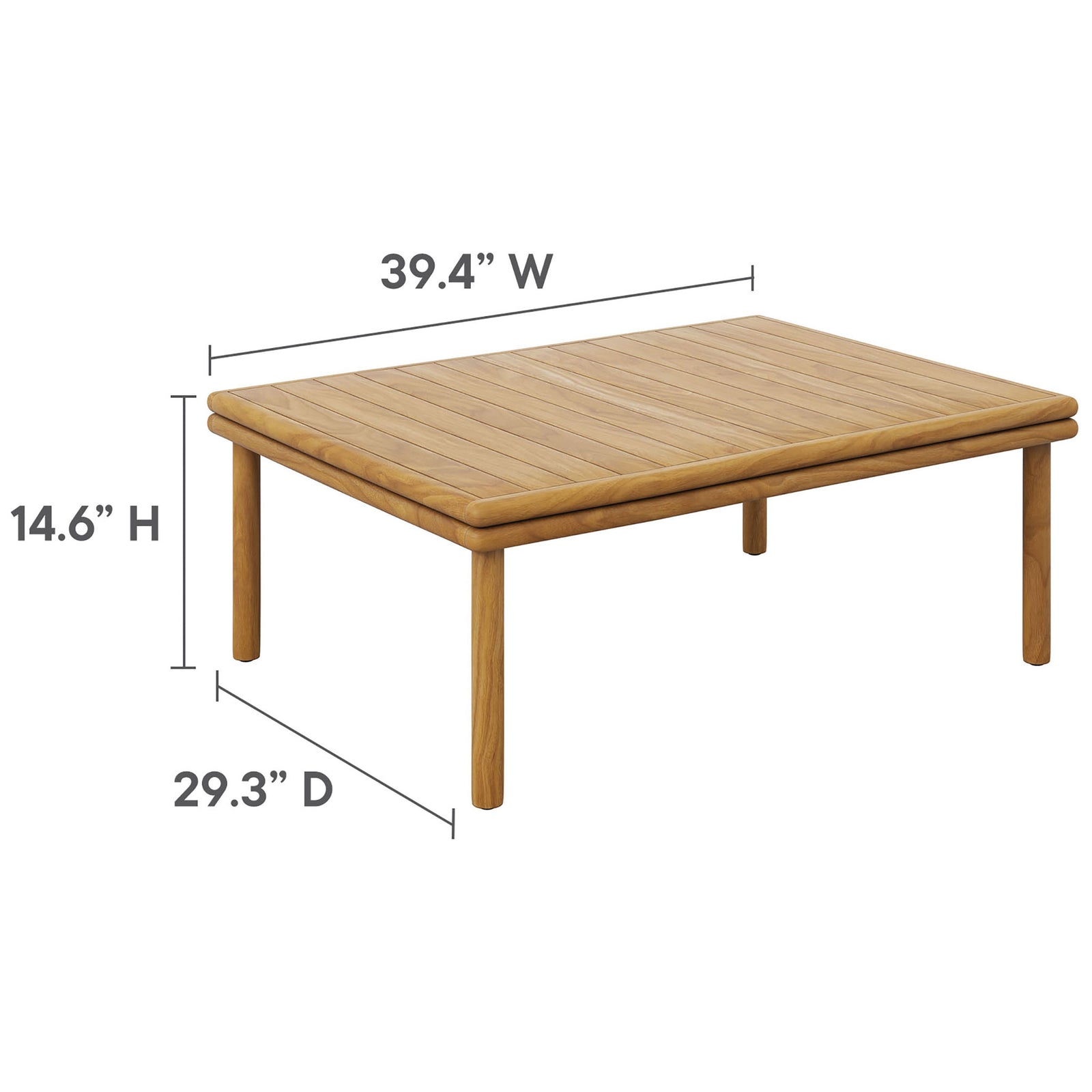 Teak outdoor coffee table with labeled height, width, and depth dimensions for easy planning || EEI-7010-NAT || dimension_studio