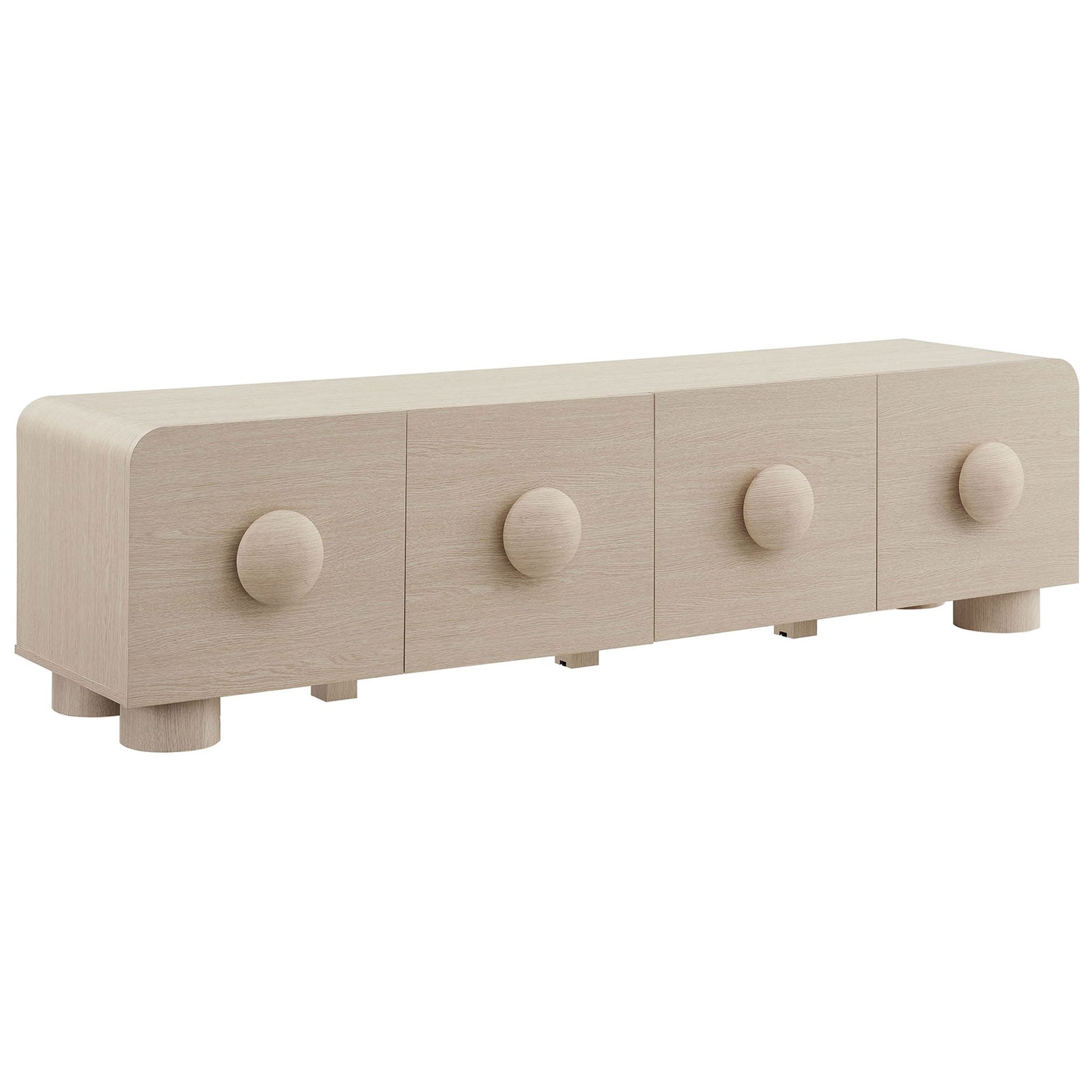 Ash wood grain TV stand with rounded corners, button-style drawer pulls, and chunky cylinder legs || EEI-7011-ASH || front_angle_studio