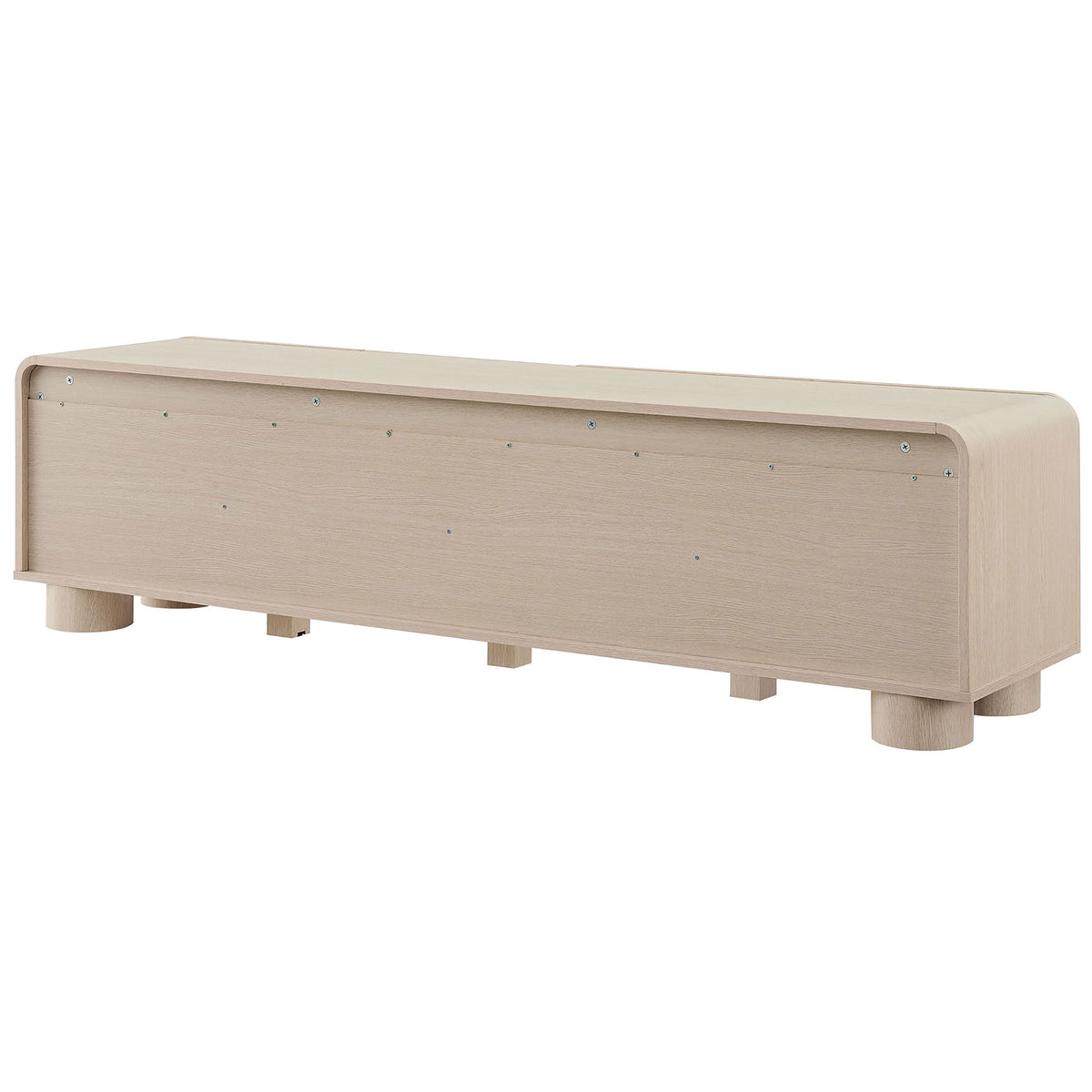 Ash low profile media console with clean finished back panel and evenly spaced cylindrical legs || EEI-7011-ASH || back_angle_studio
