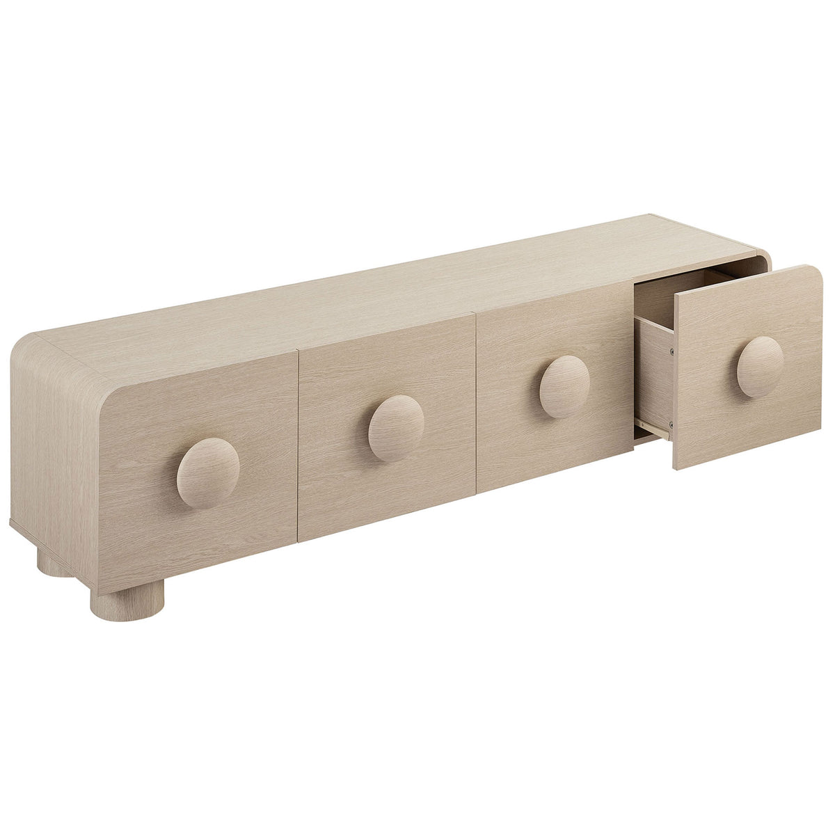 Ash wood TV console with one drawer open, revealing spacious storage behind playful round pulls || EEI-7011-ASH || front_angle_open_studio