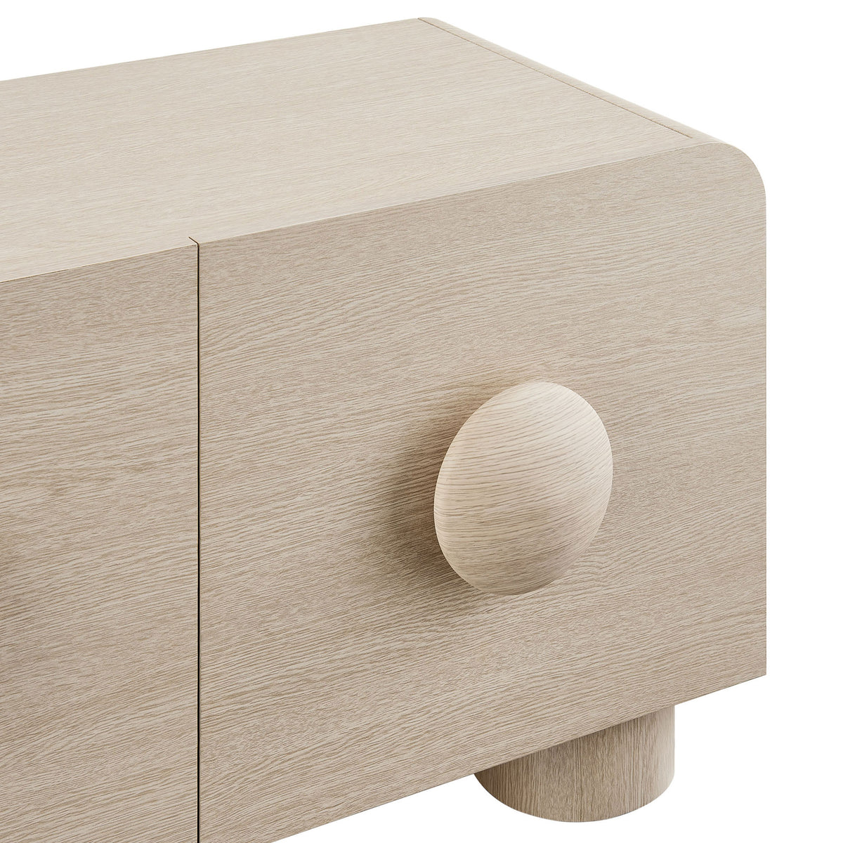 Sculptural round drawer pull on softly grained ash finish adds retro charm to the Sonnet TV stand || EEI-7011-ASH || handle_studio