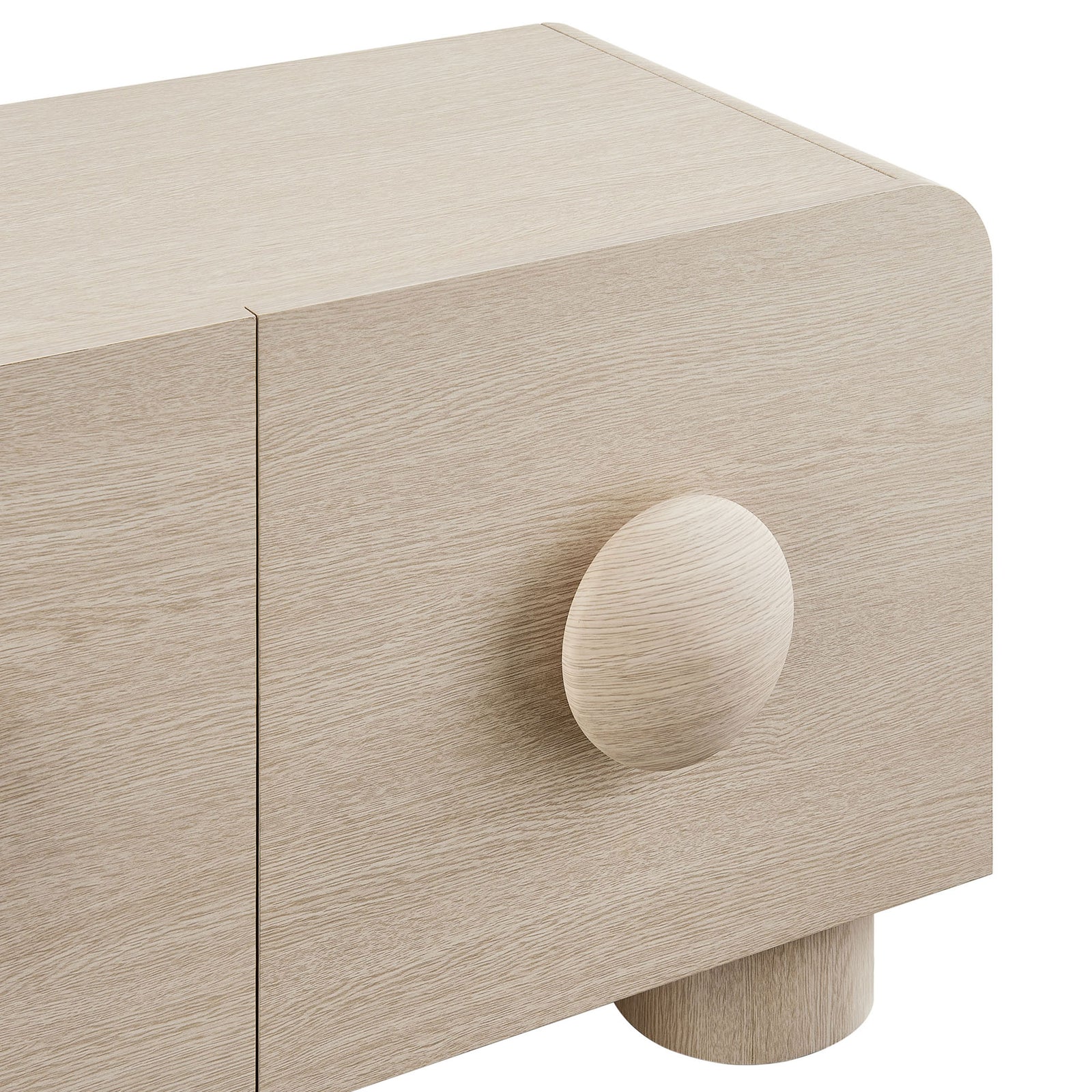 Sculptural round drawer pull on softly grained ash finish adds retro charm to the Sonnet TV stand || EEI-7011-ASH || handle_studio