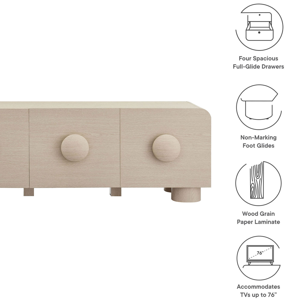 Ash Sonnet TV stand with icons highlighting four full-glide drawers, non-marking feet, and TV compatibility || EEI-7011-ASH || callout_studio