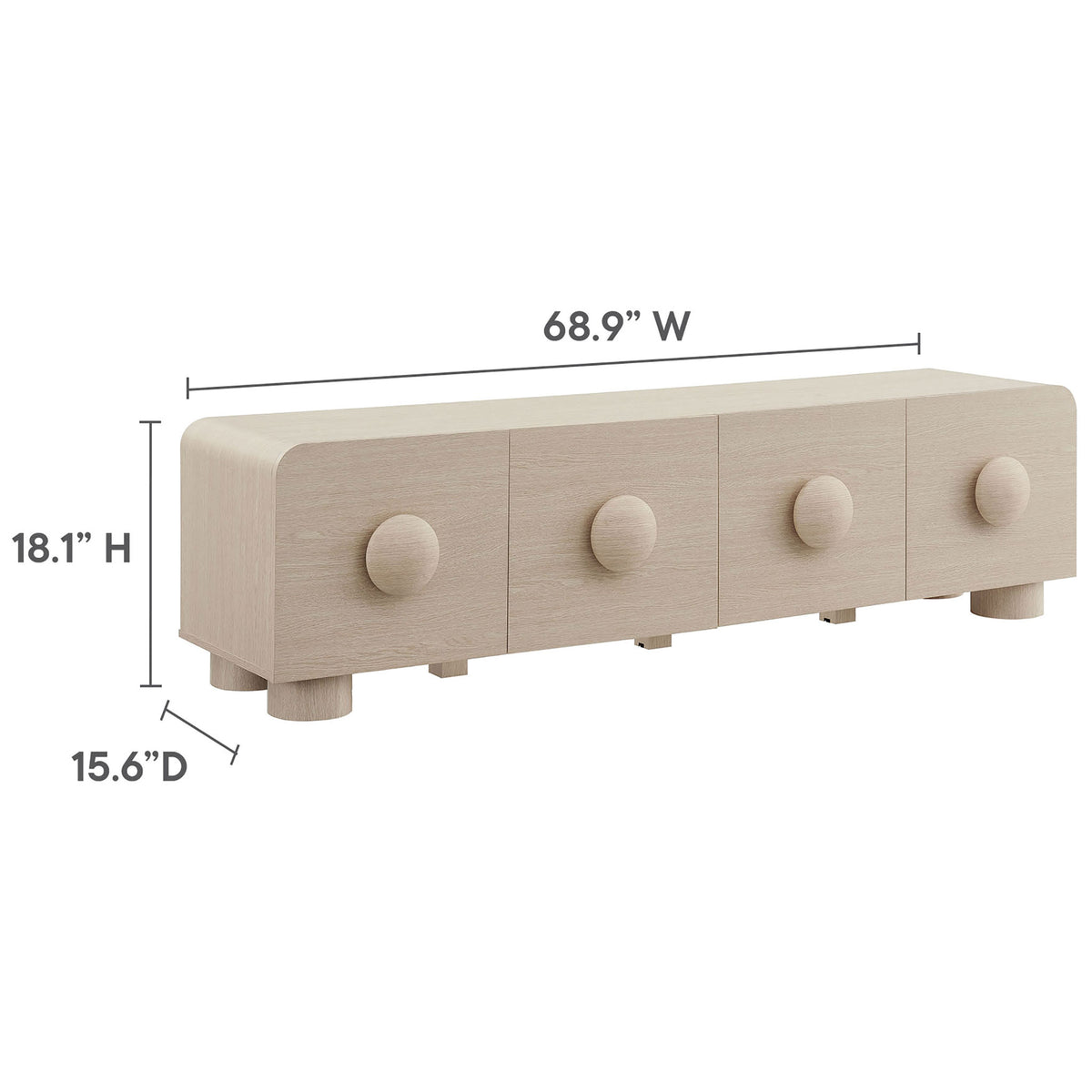 Ash Sonnet low profile TV stand with overall dimensions labeled for width, height, and depth || EEI-7011-ASH || dimension_studio