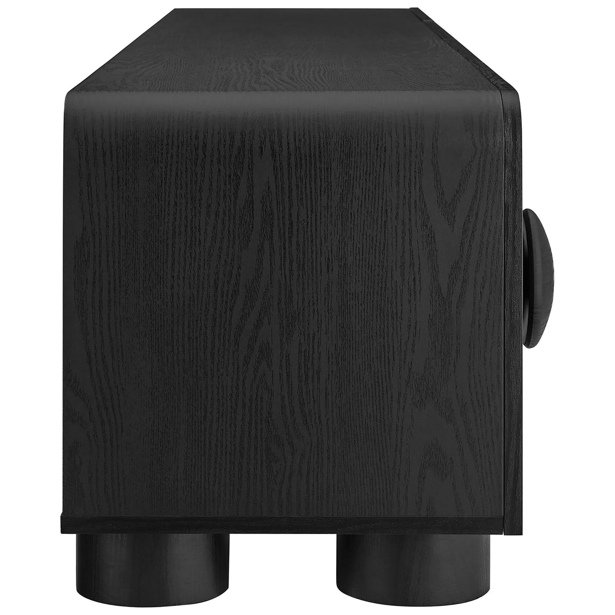 Black Sonnet TV stand with smooth waterfall edge and solid dual cylinder leg supports || EEI-7011-BLK || side_studio