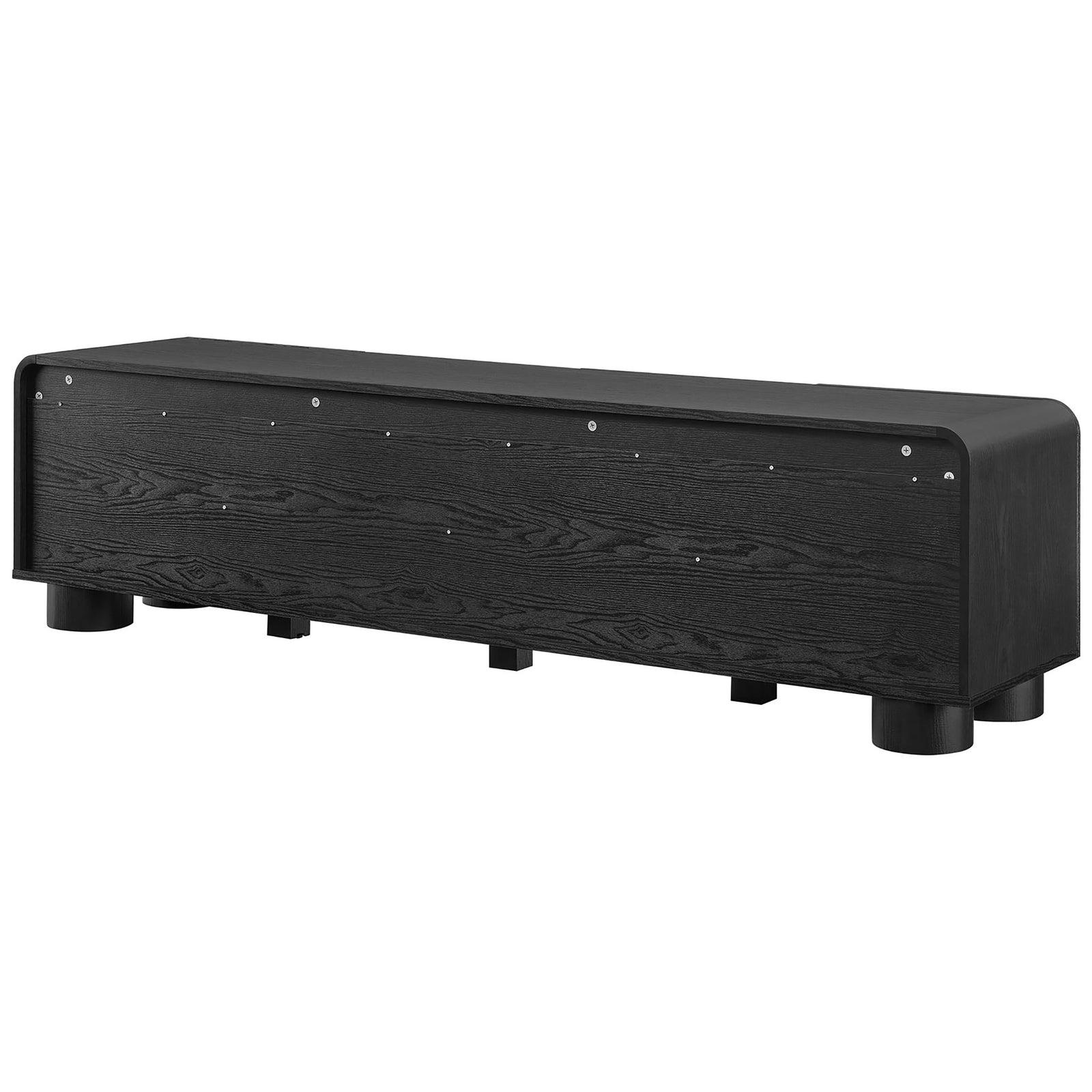 Black low profile media console with finished back panel and evenly spaced cylindrical legs || EEI-7011-BLK || back_angle_studio