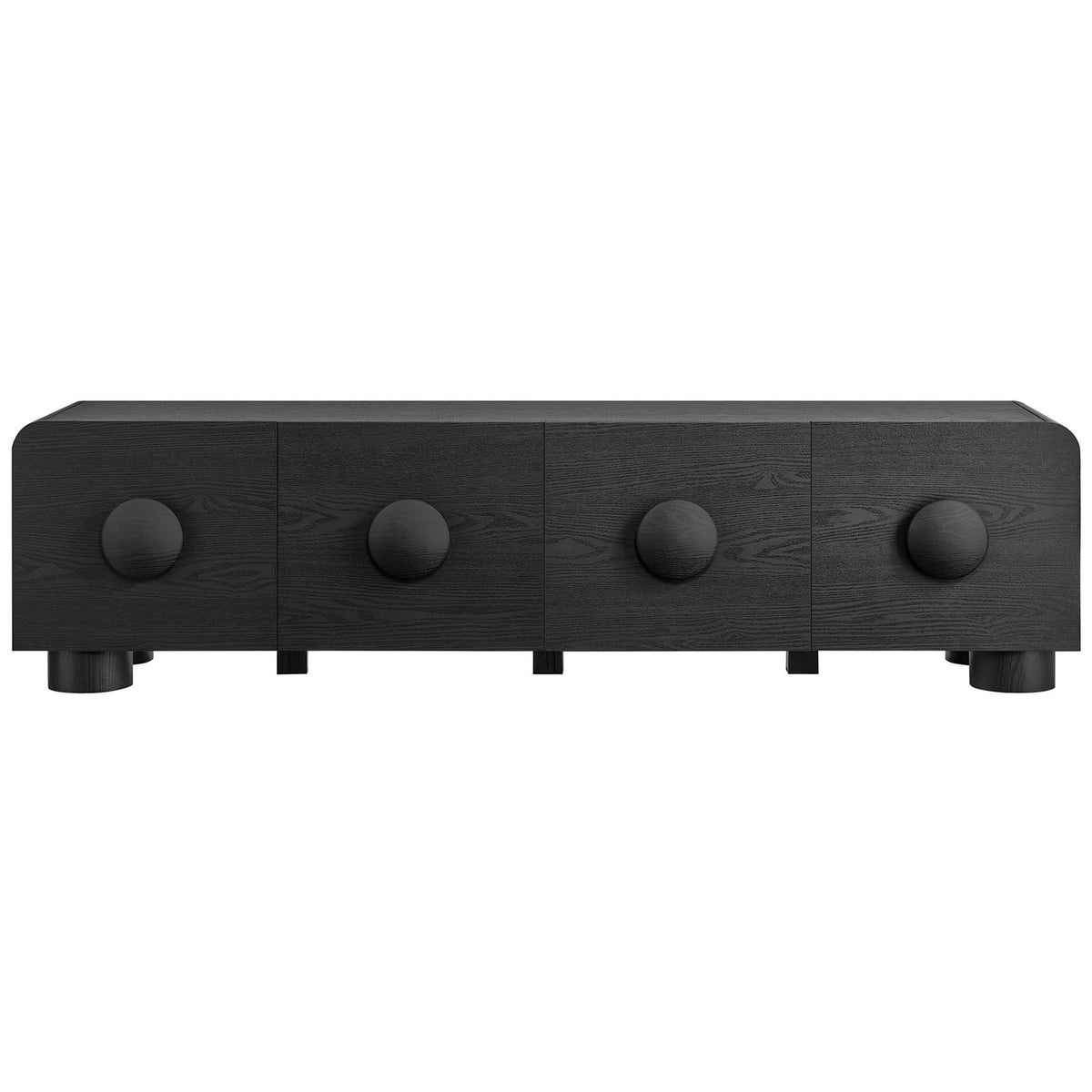 Black Sonnet TV stand featuring four spacious drawers with oversized round button pulls || EEI-7011-BLK || front_studio