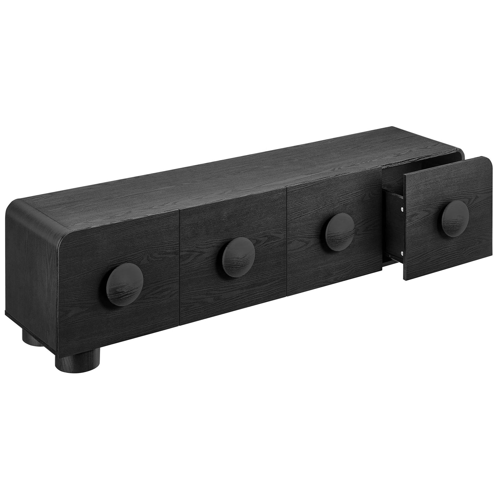 Black wood TV console with one drawer open, revealing generous storage behind sculptural round pulls || EEI-7011-BLK || front_angle_open_studio