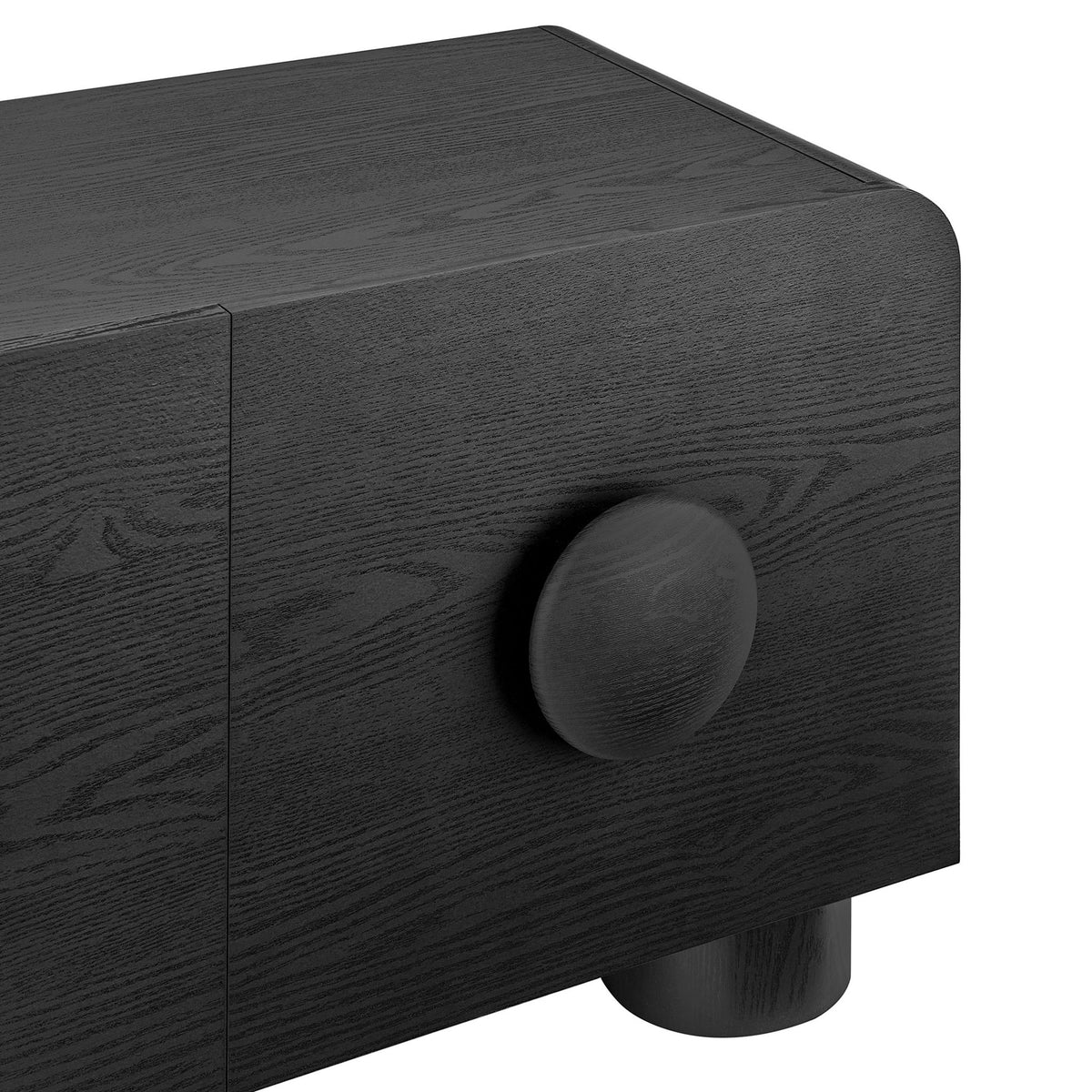 Sculptural round drawer pull on rich black wood grain finish adds striking modern character || EEI-7011-BLK || handle_studio