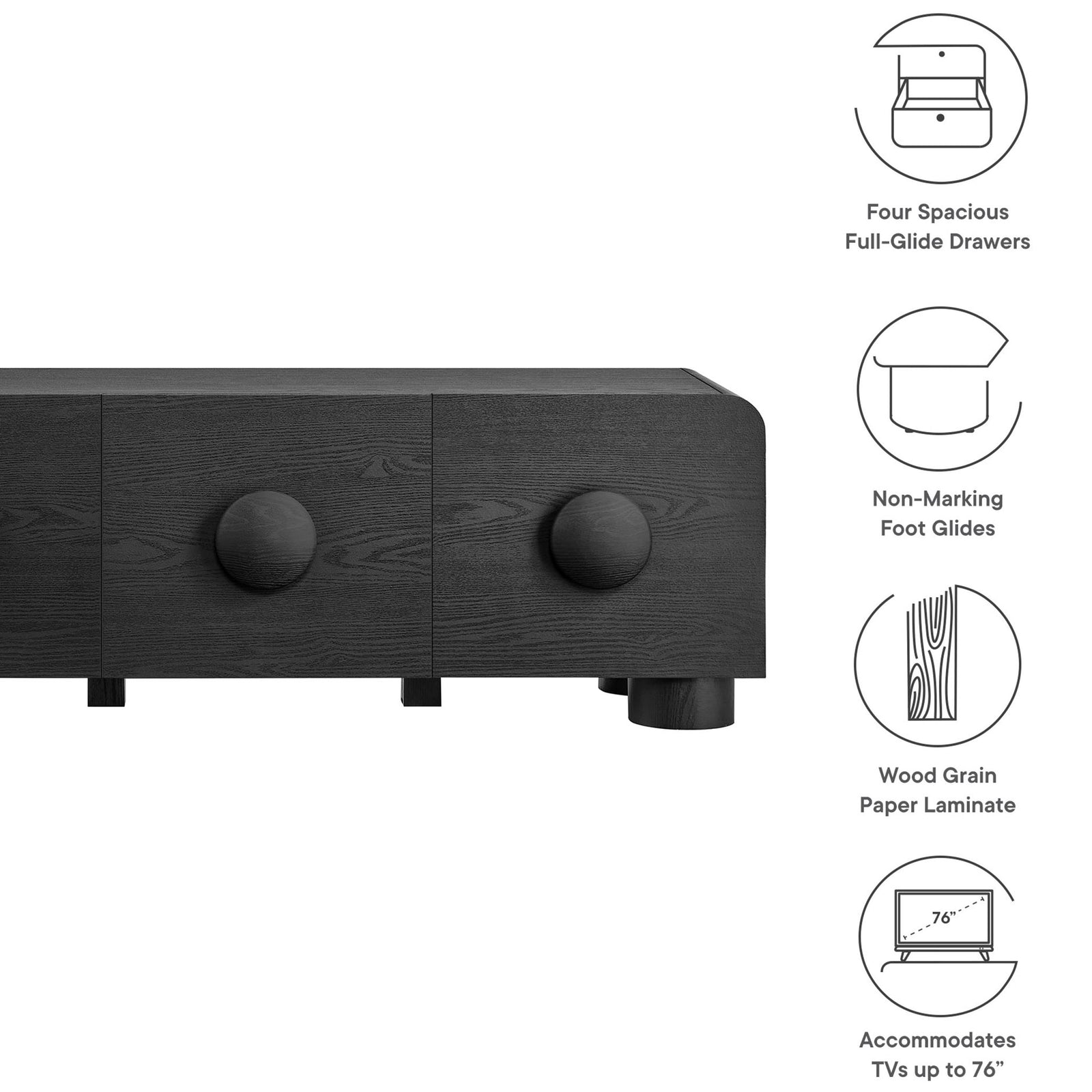 Black Sonnet TV stand with icons noting full-glide drawers, non-marking feet, and TVs up to 76 inches || EEI-7011-BLK || callout_studio