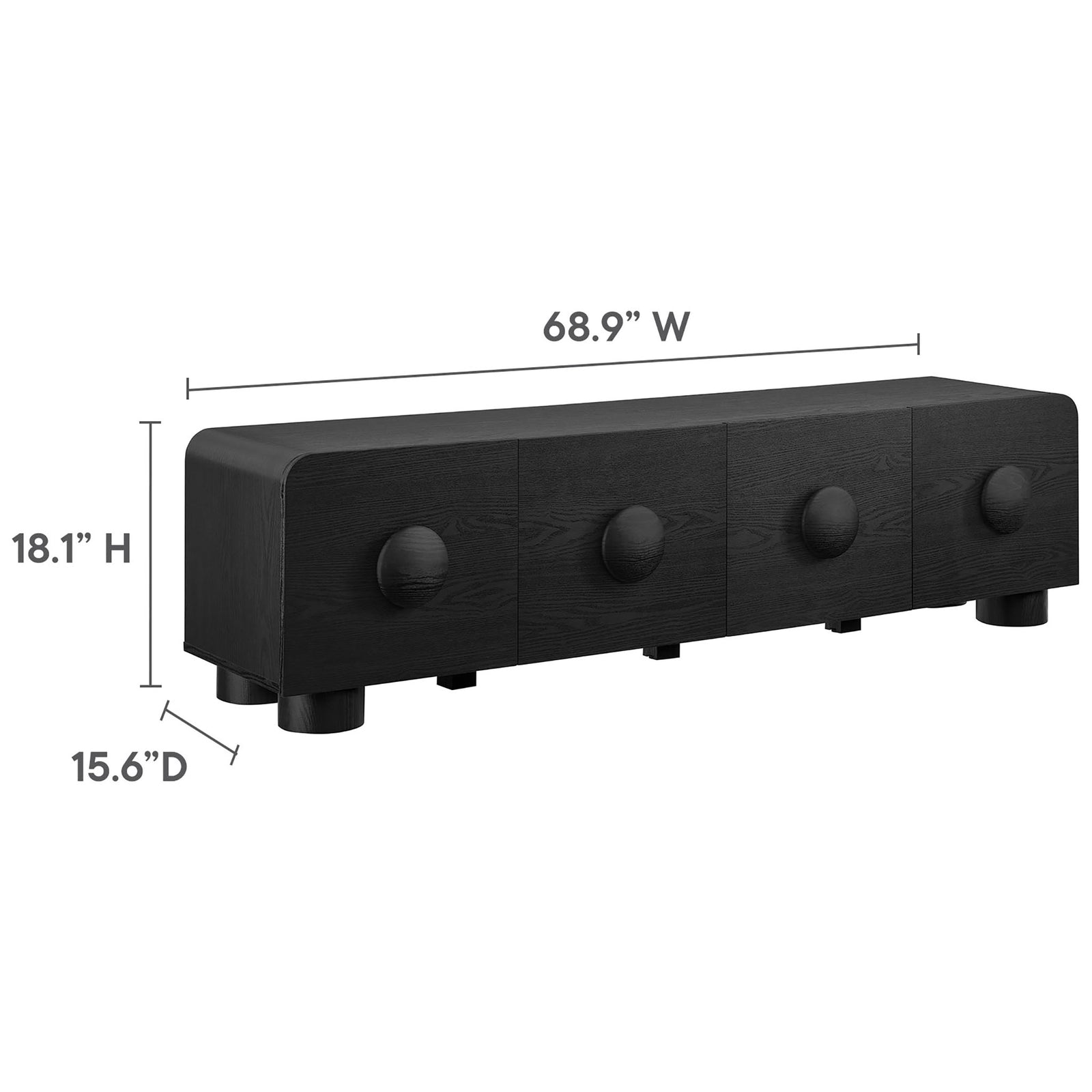 Black Sonnet low profile TV stand with labeled width, height, and depth dimensions || EEI-7011-BLK || dimension_studio