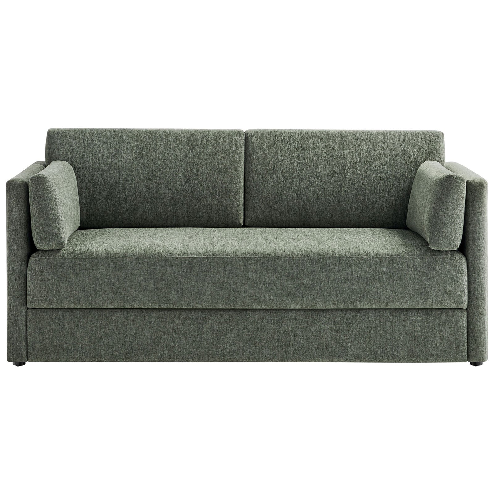 Compact eucalyptus green sofa with heathered chenille upholstery and streamlined modern silhouette || EEI-7012-EUC || front_studio
