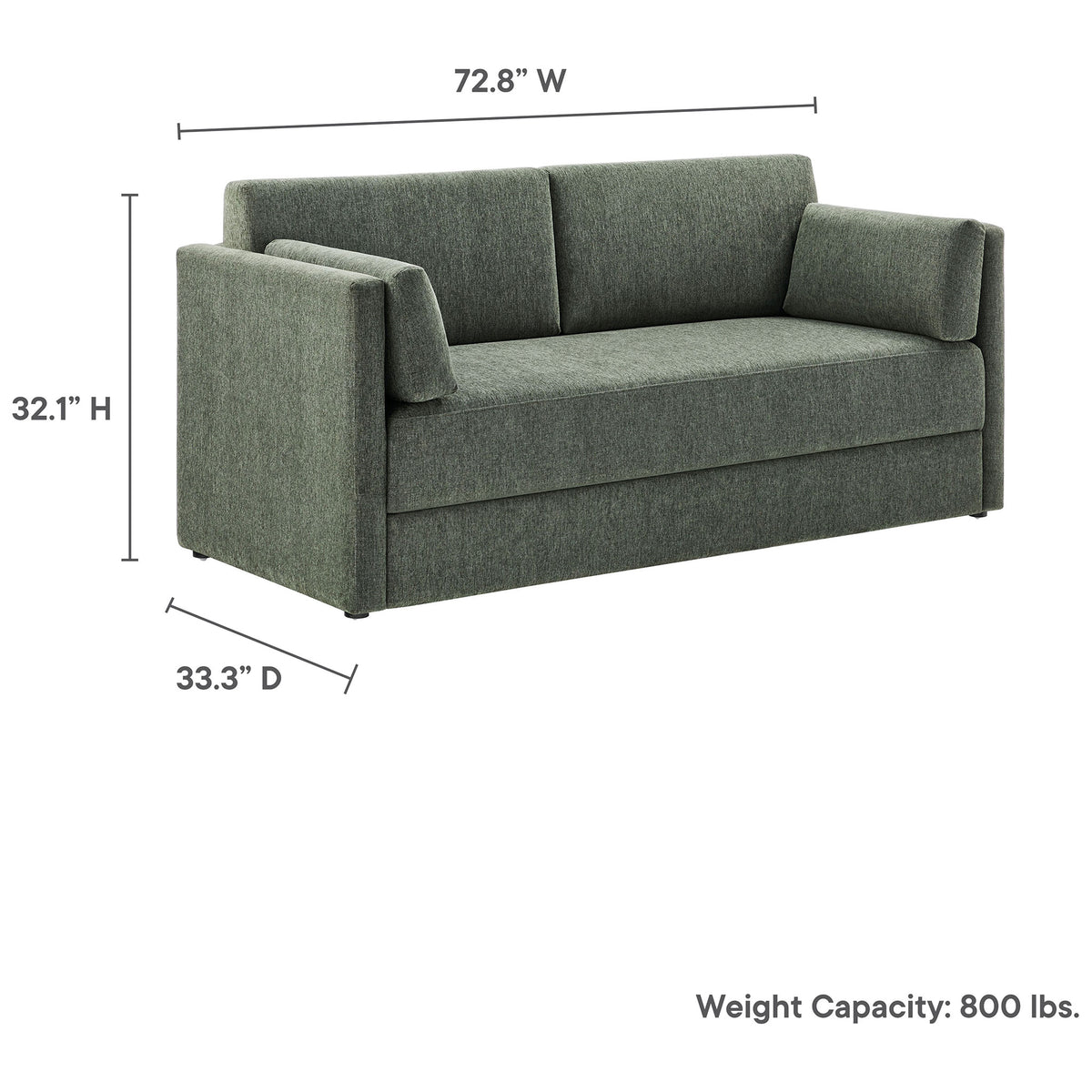Dimension view of the Linden eucalyptus sofa showing 72.8 inch width, 33.3 inch depth, and 800 pound capacity || EEI-7012-EUC || dimension_studio