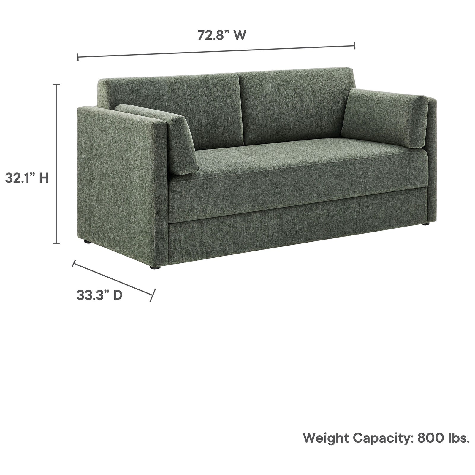 Dimension view of the Linden eucalyptus sofa showing 72.8 inch width, 33.3 inch depth, and 800 pound capacity || EEI-7012-EUC || dimension_studio