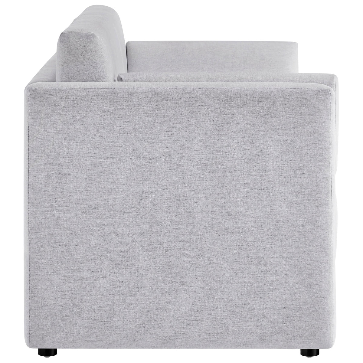Streamlined sofa silhouette shows slim arm design and soft heathered chenille upholstery || EEI-7012-NPT || side_studio
