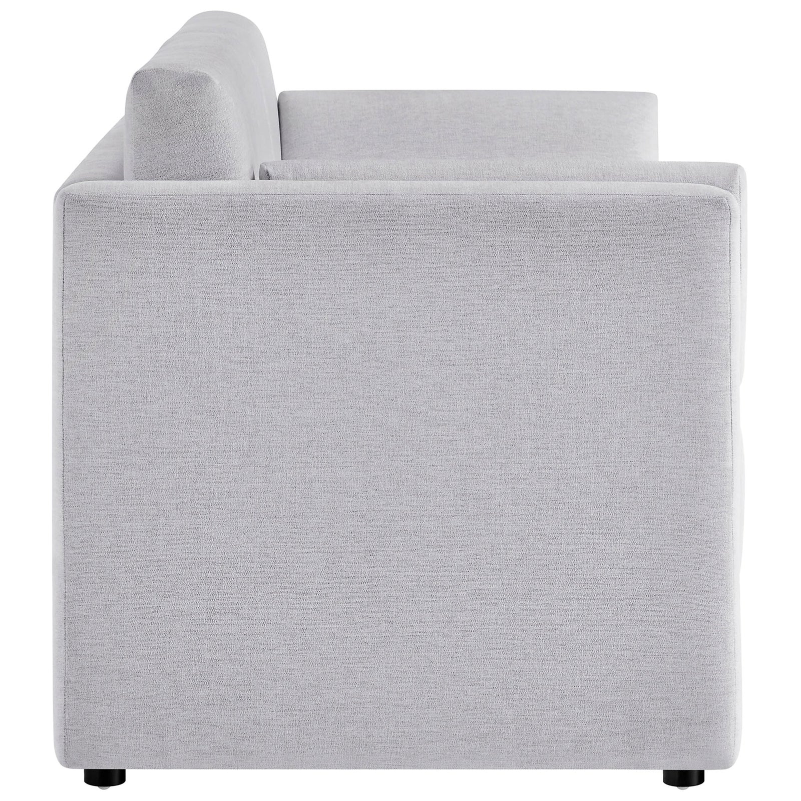 Streamlined sofa silhouette shows slim arm design and soft heathered chenille upholstery || EEI-7012-NPT || side_studio