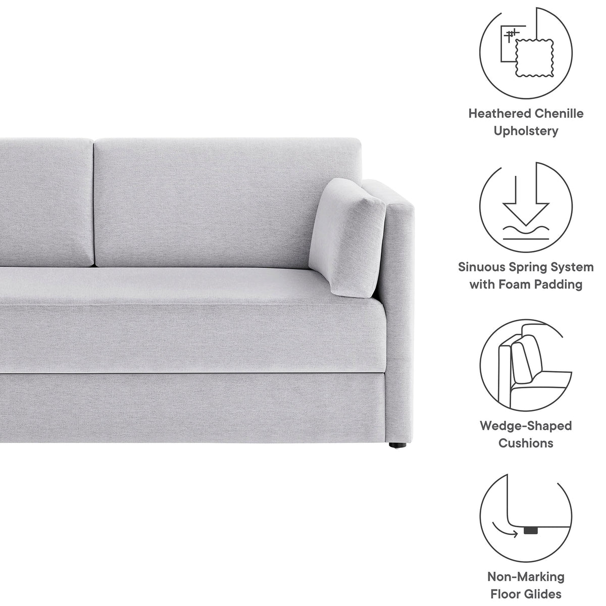 Feature graphic highlighting heathered chenille upholstery, sinuous spring support, and wedge cushions || EEI-7012-NPT || callout_studio