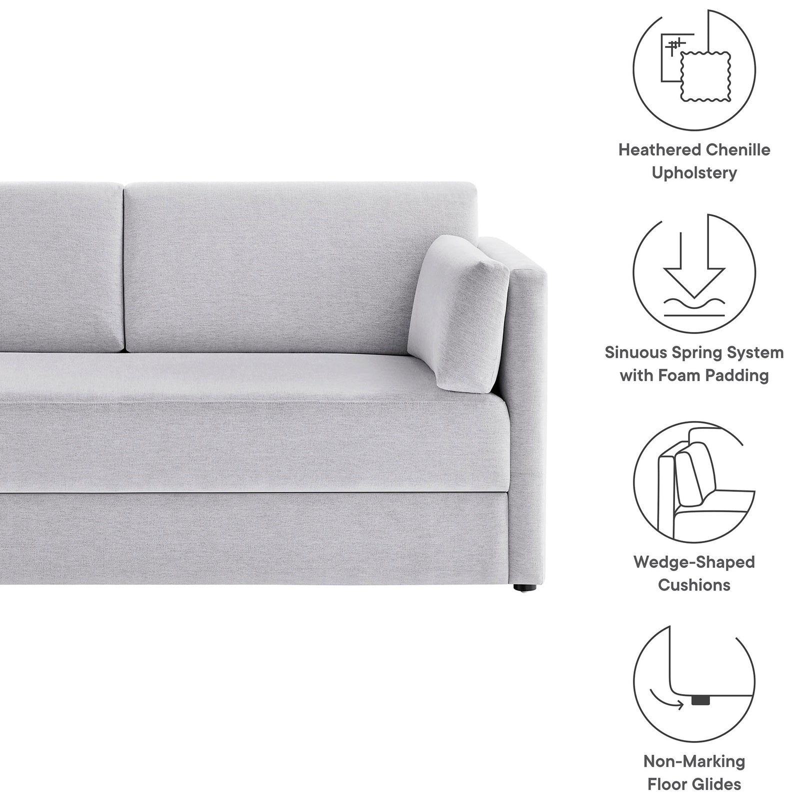 Feature graphic highlighting heathered chenille upholstery, sinuous spring support, and wedge cushions || EEI-7012-NPT || callout_studio
