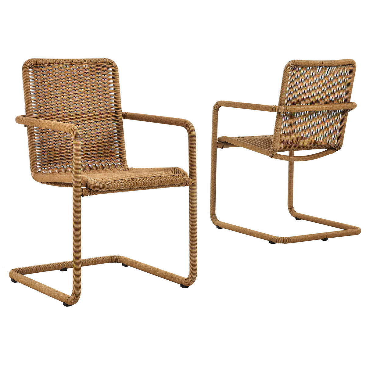 Set of two natural wicker cantilever chairs with curved arms and airy seats for relaxed outdoor dining || EEI-7014-NAT || front_angle_multi_studio
