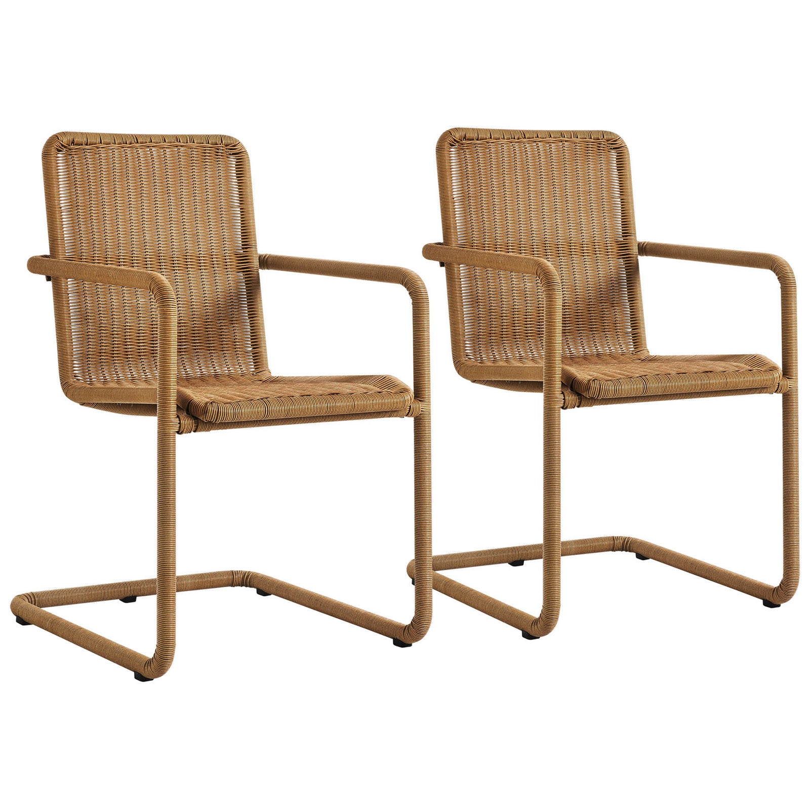 Pair of natural wicker dining armchairs offering matching seating for your outdoor table || EEI-7014-NAT || front_multi_studio