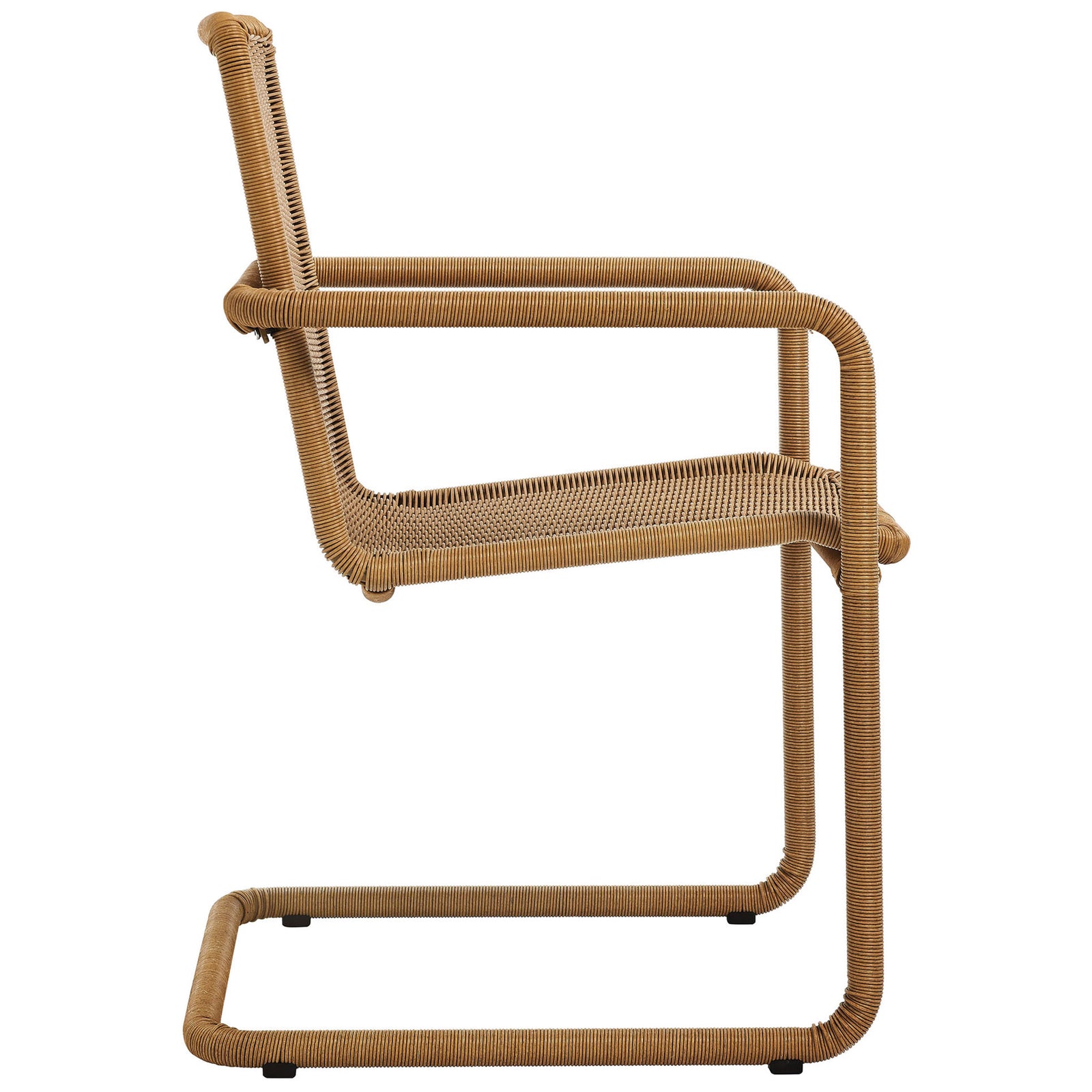 Natural wicker cantilever chair highlighting the sleek continuous steel frame silhouette || EEI-7014-NAT || side_studio