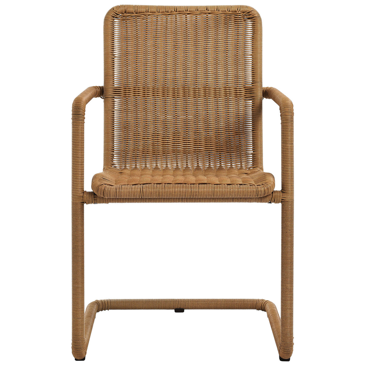 Natural wicker dining armchair with clean lines and breathable open weave backrest || EEI-7014-NAT || front_studio