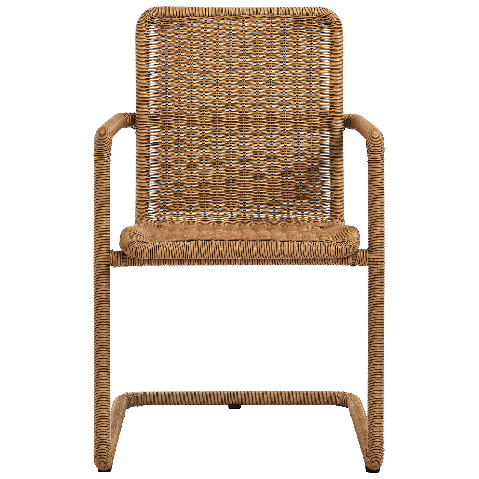 Natural wicker dining armchair with clean lines and breathable open weave backrest || EEI-7014-NAT || front_studio
