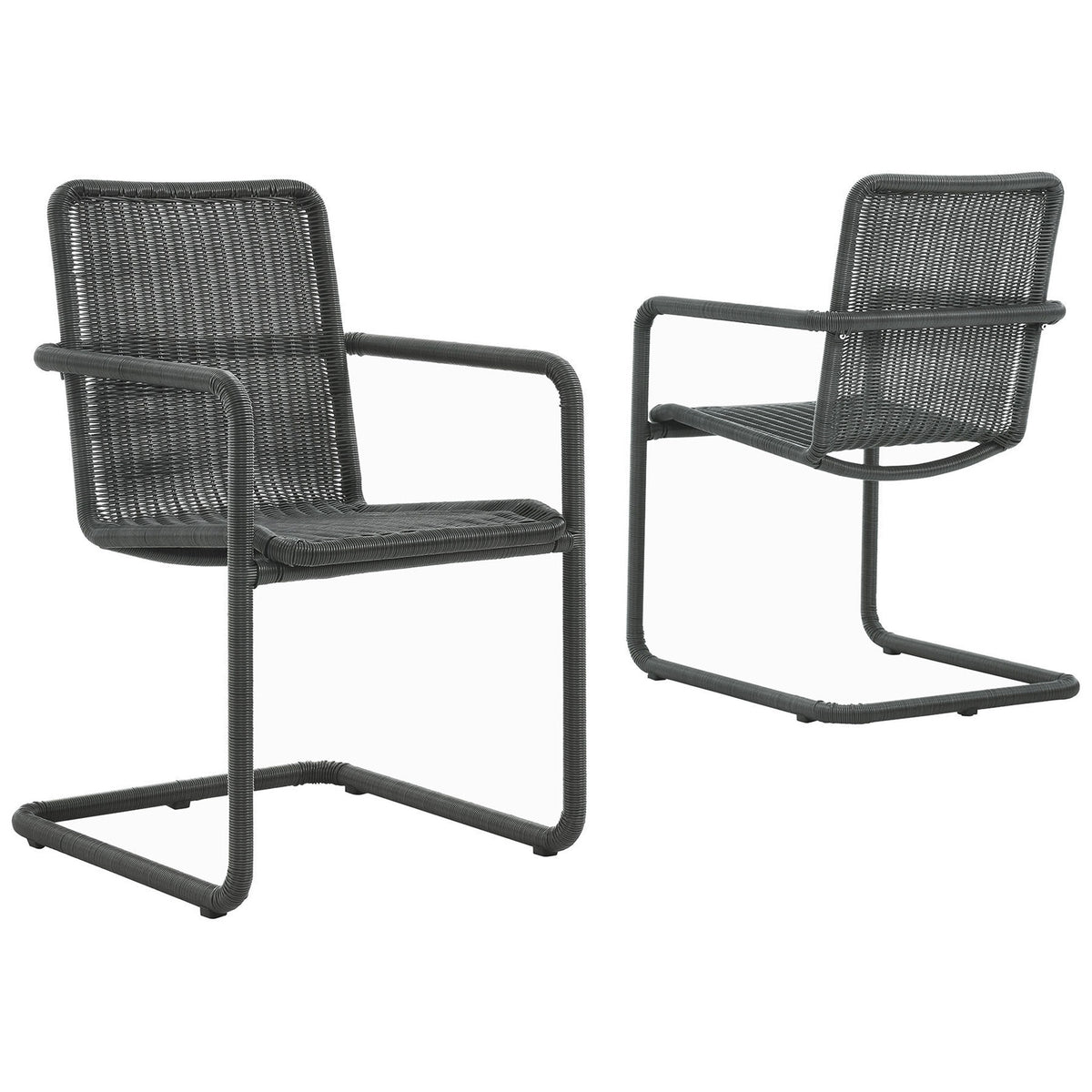 Pair of slate wicker cantilever chairs with airy silhouettes and wrapped armrests || EEI-7014-SLA || front_angle_multi_studio
