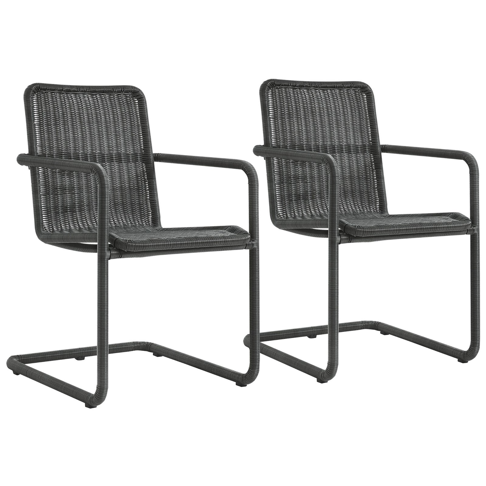 Set of two slate wicker dining armchairs bringing contemporary style to outdoor meals || EEI-7014-SLA || front_multi_studio