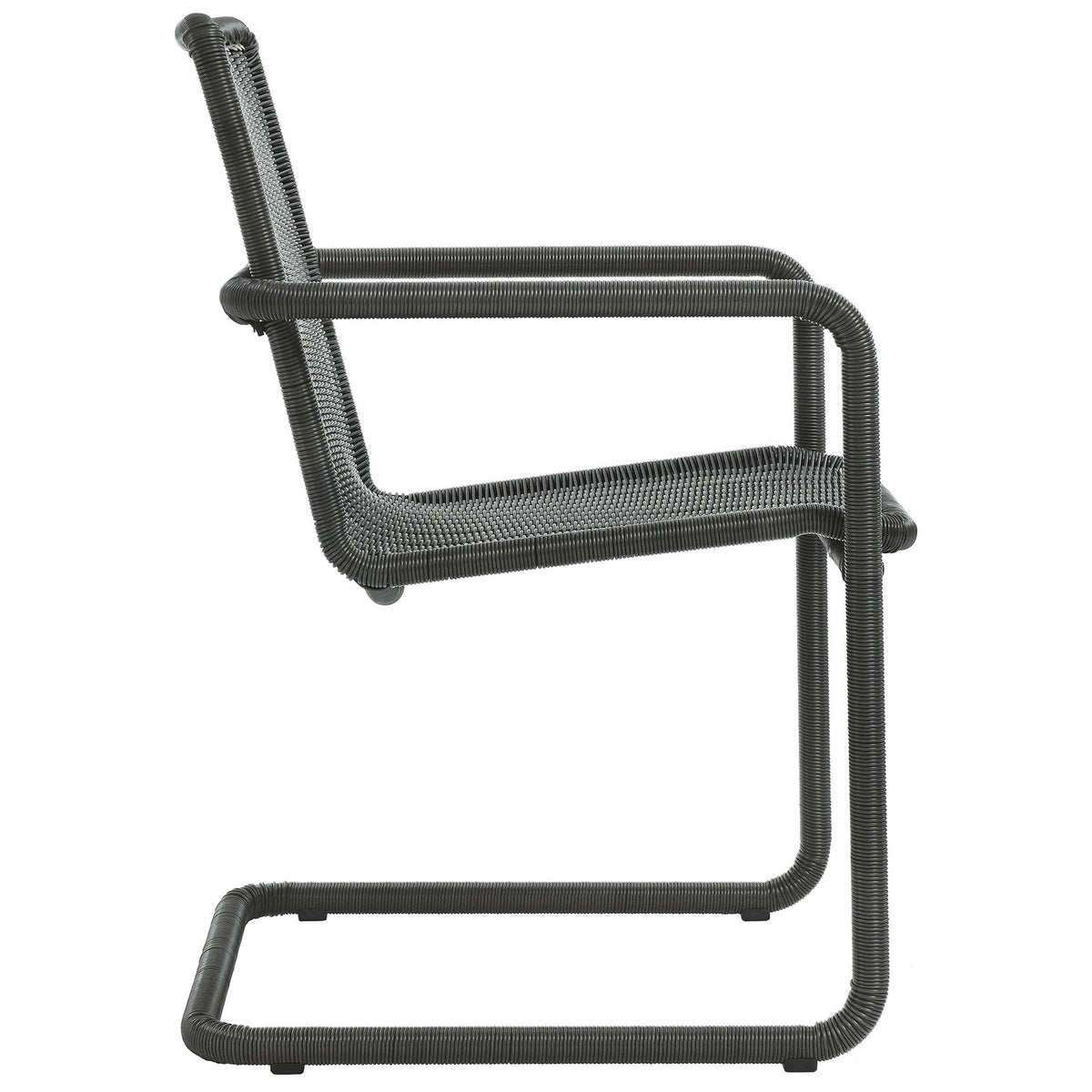 Slate wicker cantilever chair emphasizing the sleek continuous steel frame design || EEI-7014-SLA || side_studio