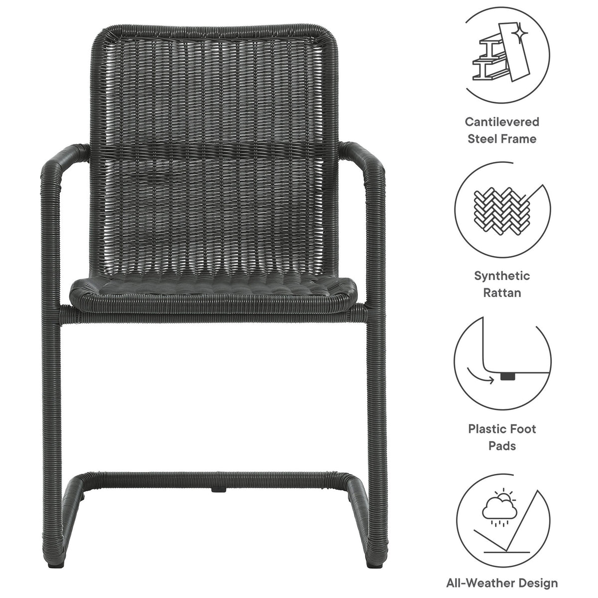 Slate wicker dining chair with icons calling out frame rattan foot pads and all weather design || EEI-7014-SLA || callout_studio