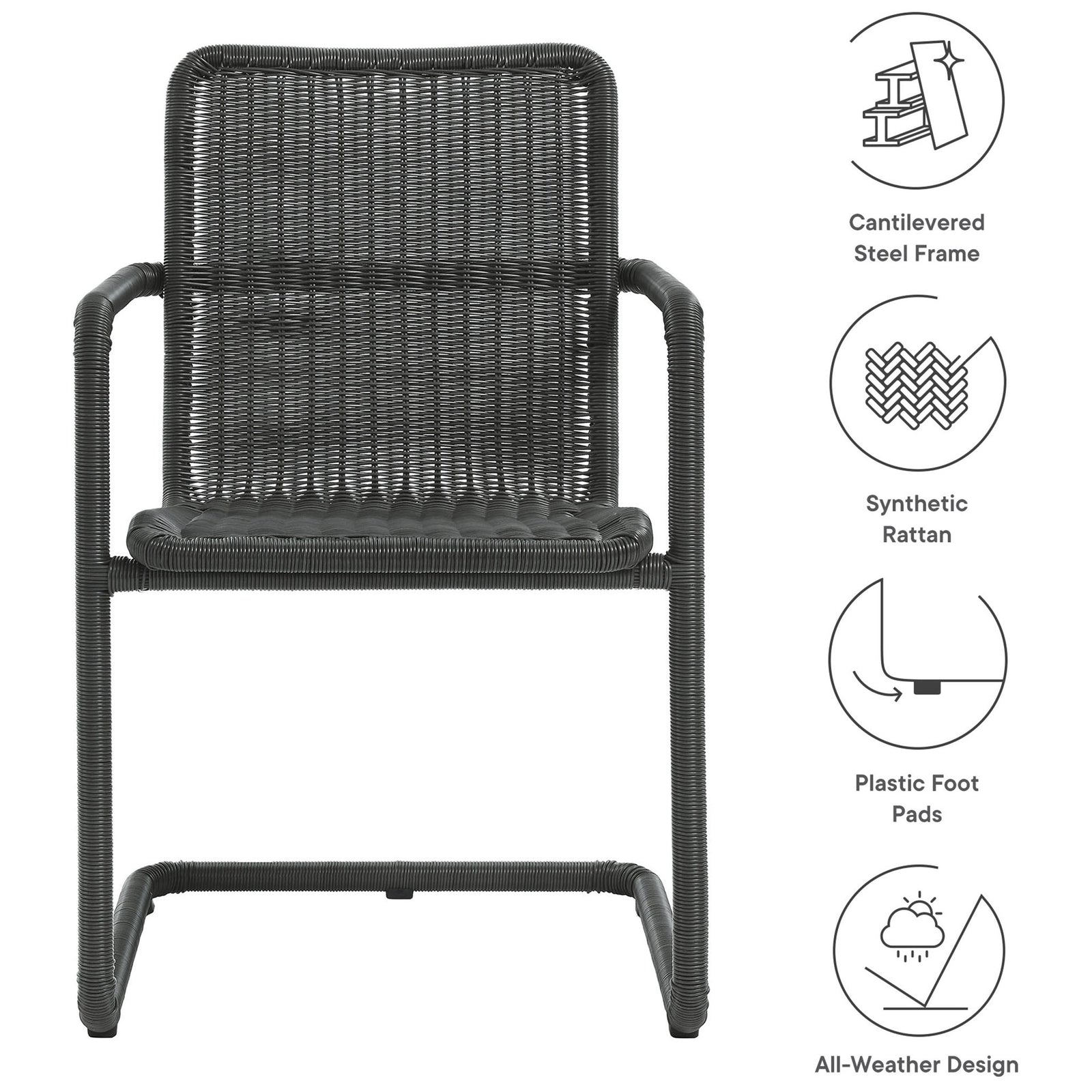 Slate wicker dining chair with icons calling out frame rattan foot pads and all weather design || EEI-7014-SLA || callout_studio