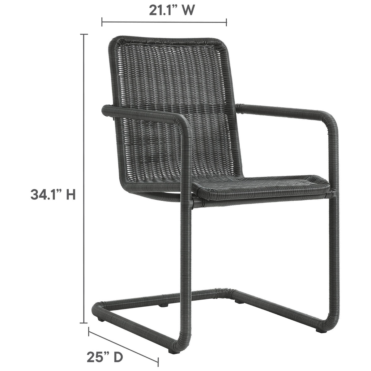 Slate wicker dining armchair with labeled measurements for width depth and height || EEI-7014-SLA || dimension_studio