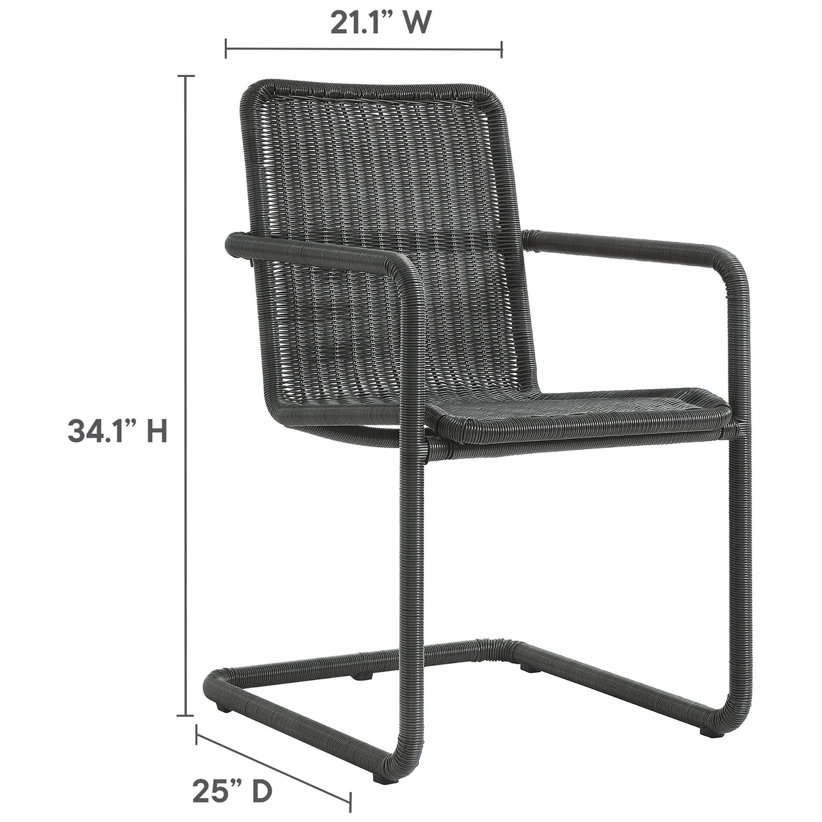 Slate wicker dining armchair with labeled measurements for width depth and height || EEI-7014-SLA || dimension_studio