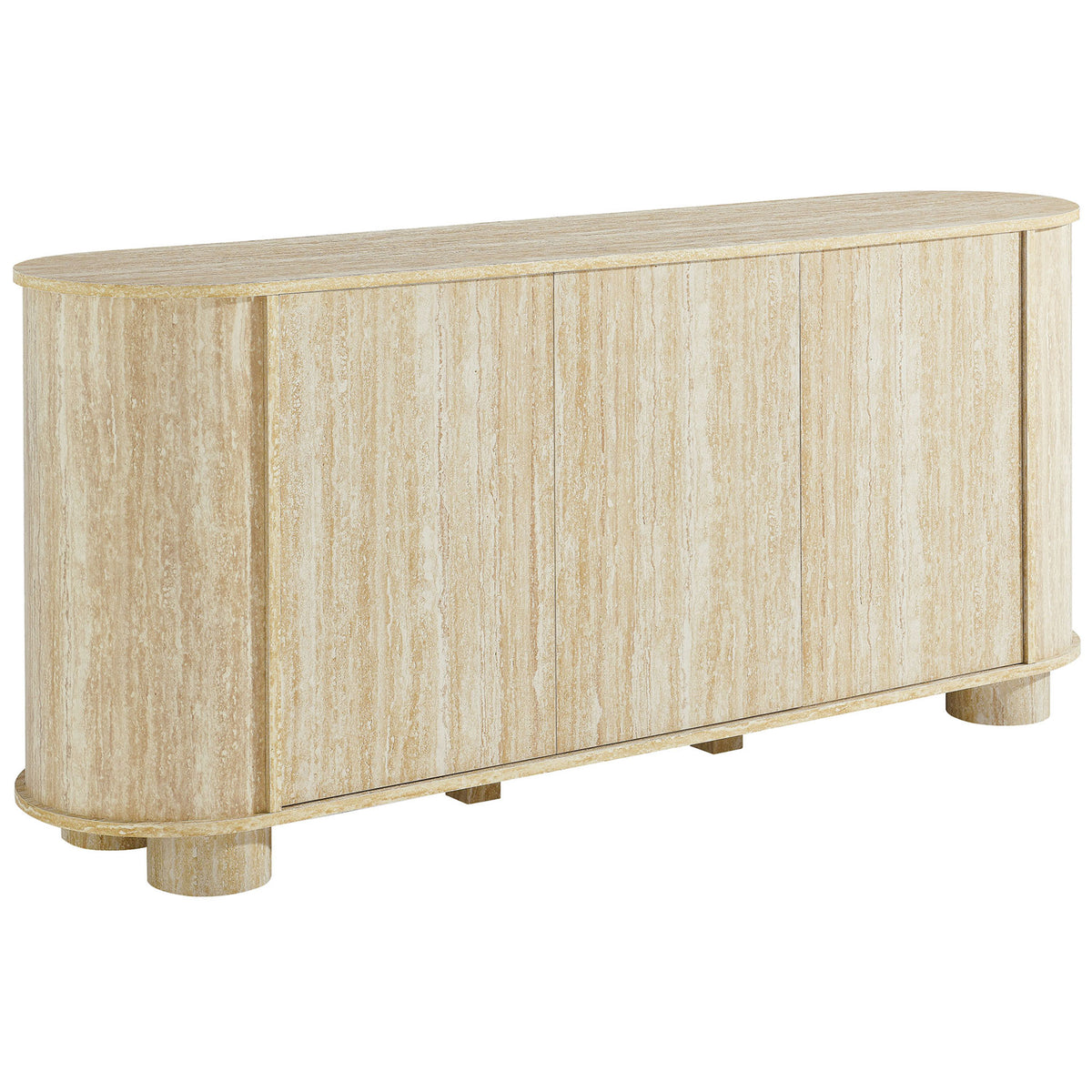Curved oval sideboard in warm travertine finish brings sculptural style to living, dining, or entry spaces. || EEI-7015-TRA || front_angle_studio