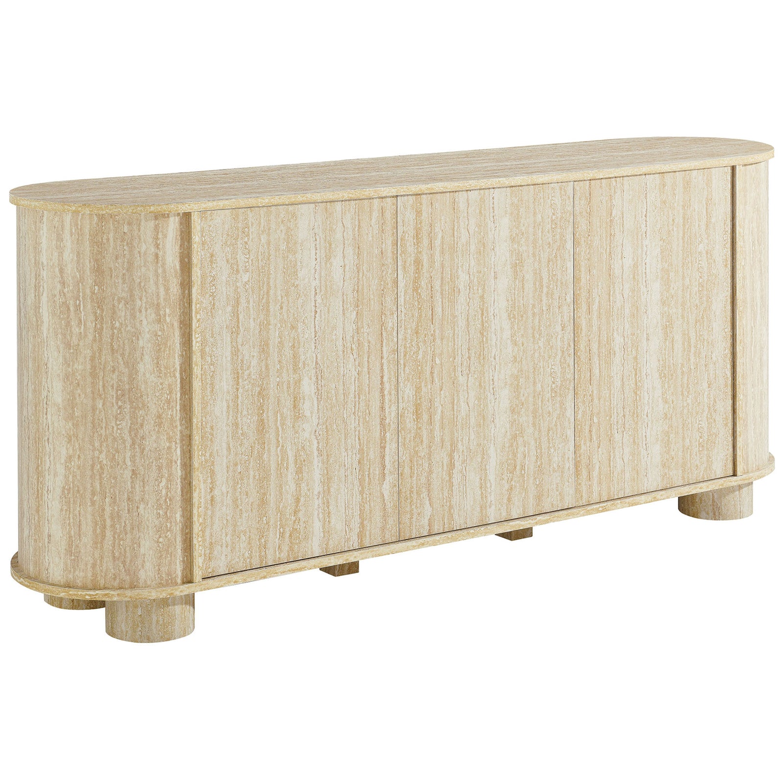 Curved oval sideboard in warm travertine finish brings sculptural style to living, dining, or entry spaces. || EEI-7015-TRA || front_angle_studio