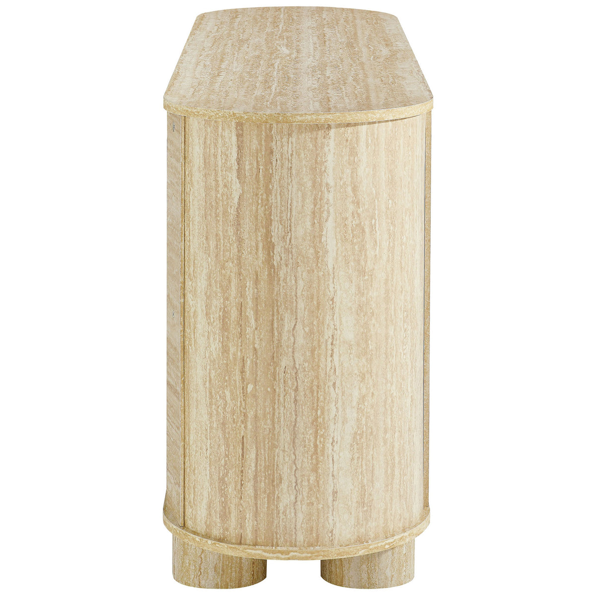 Slim oval profile of the faux travertine sideboard with softly rounded ends and cylindrical legs. || EEI-7015-TRA || side_studio