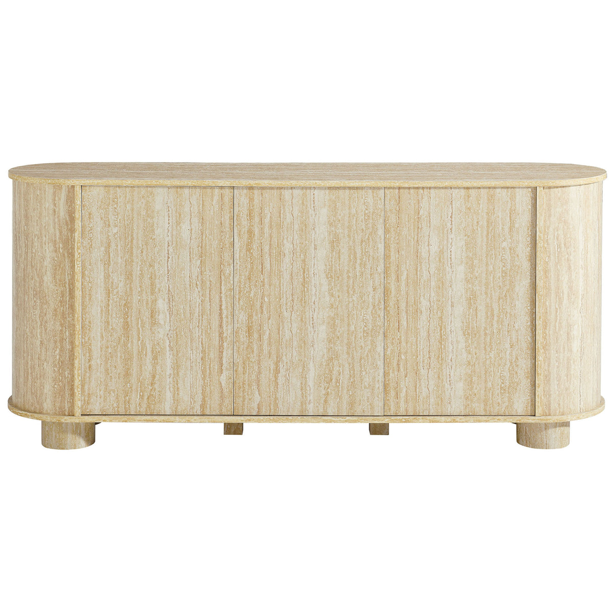 Oval faux travertine sideboard with three hidden push-to-open doors and rounded pedestal legs. || EEI-7015-TRA || front_studio