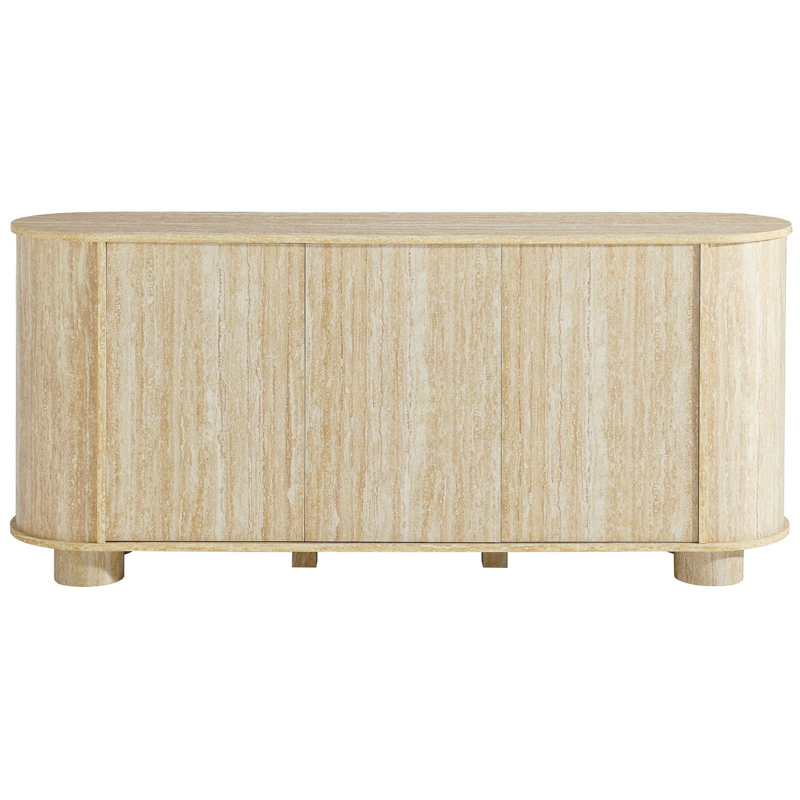 Oval faux travertine sideboard with three hidden push-to-open doors and rounded pedestal legs. || EEI-7015-TRA || front_studio