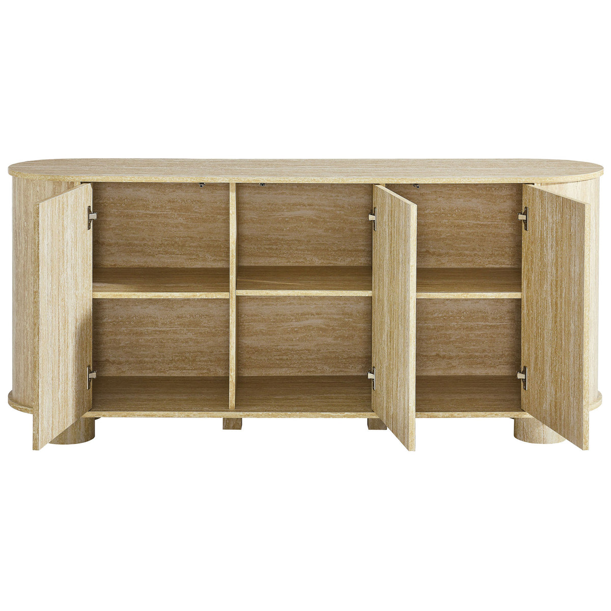 Sideboard doors open to reveal adjustable shelves for organized dining and media storage. || EEI-7015-TRA || front_open_studio