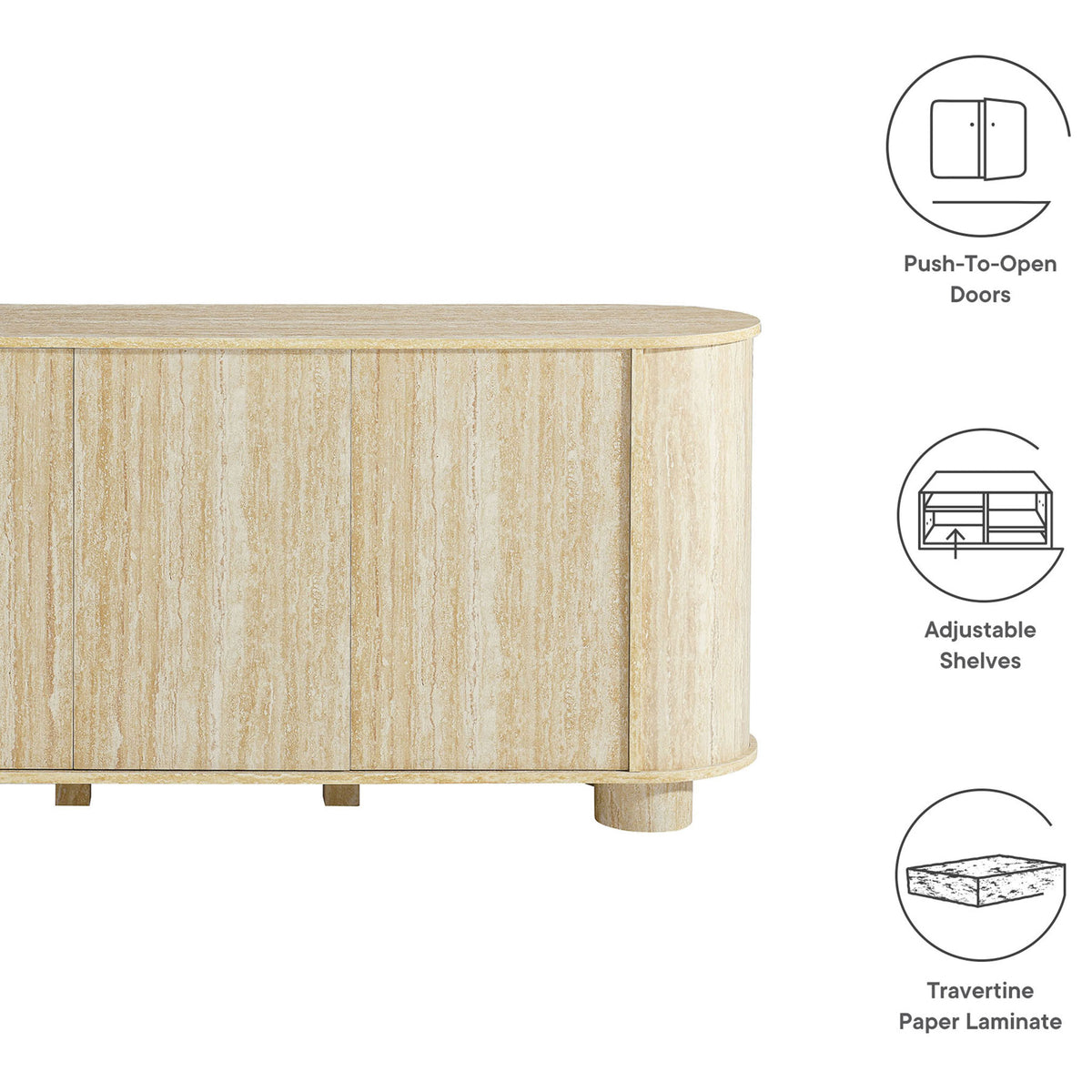 Faux travertine sideboard with icons highlighting push-to-open doors, adjustable shelves, and laminate finish. || EEI-7015-TRA || callout_studio