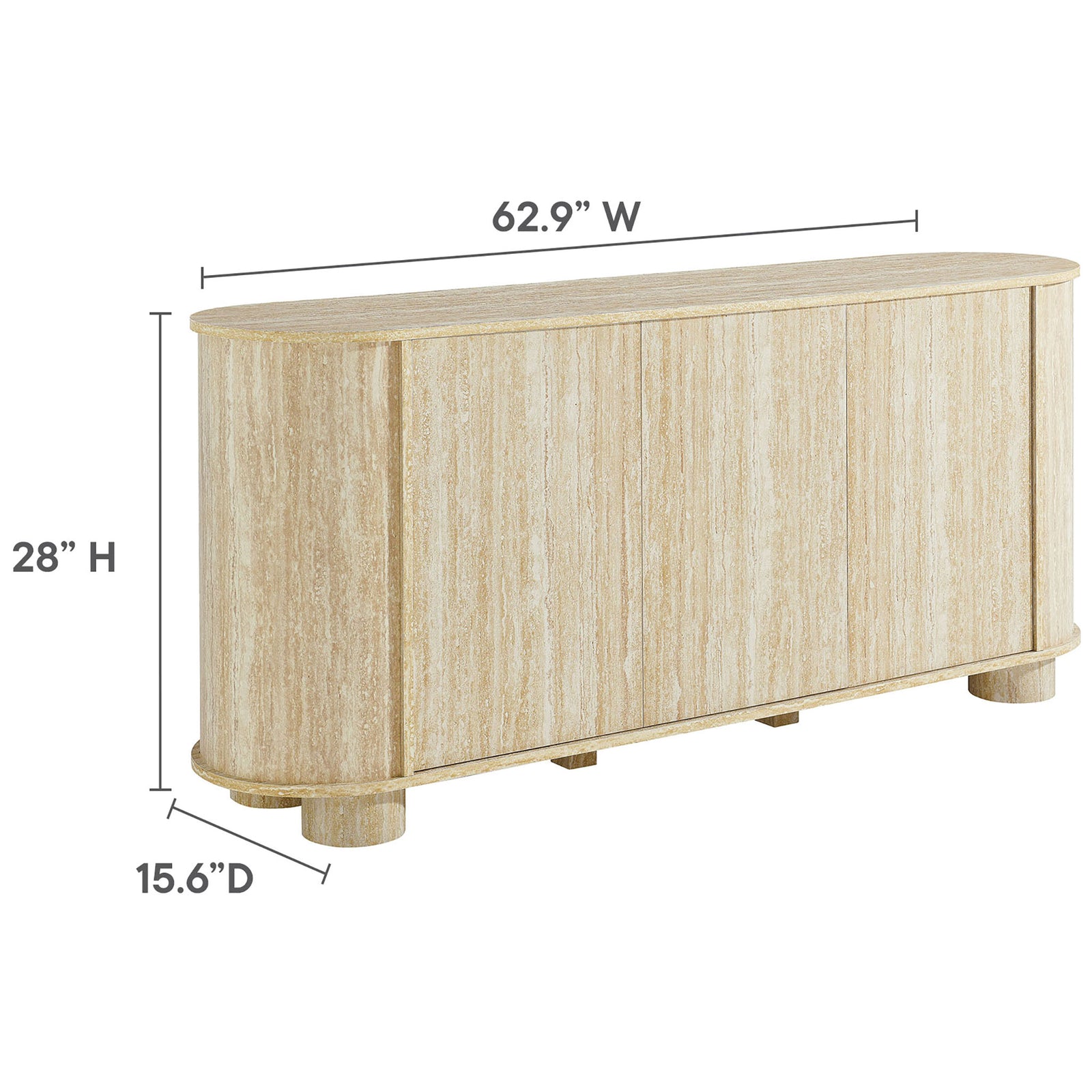 Measurements for the oval sideboard, including overall width, height, and depth for easy space planning. || EEI-7015-TRA || dimension_studio