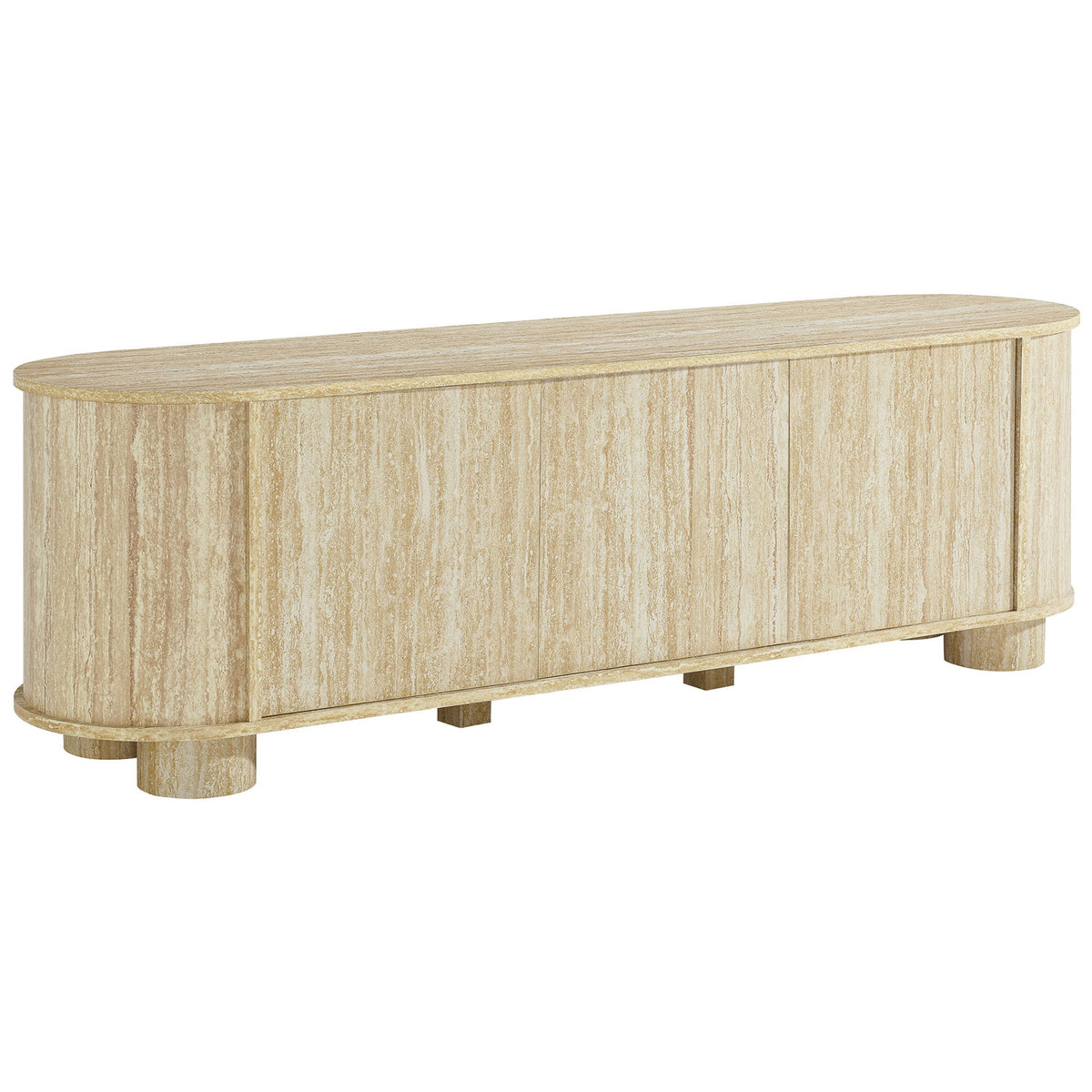 Oval faux travertine TV stand with smooth curved profile and round pedestal legs || EEI-7016-TRA || front_angle_studio