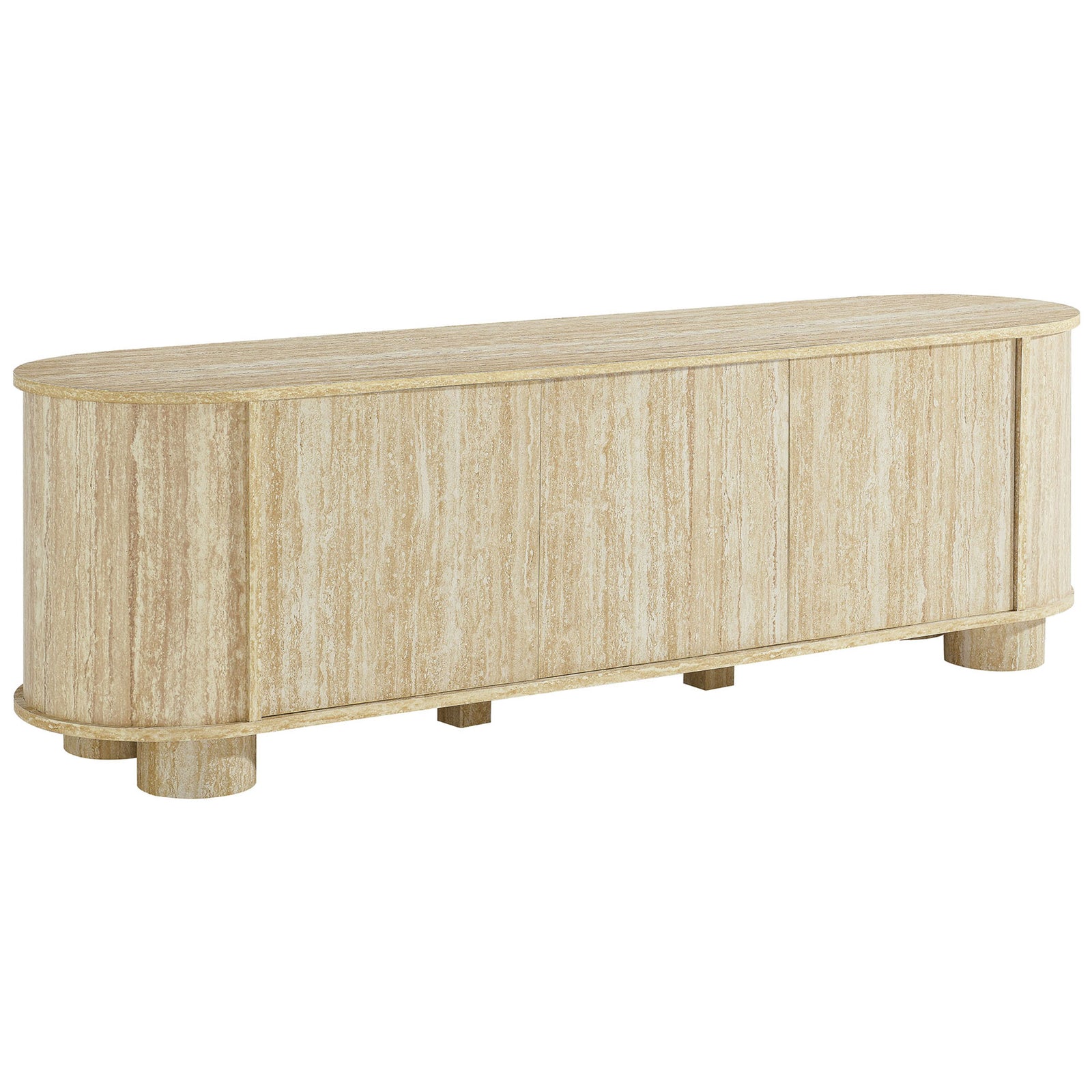 Oval faux travertine TV stand with smooth curved profile and round pedestal legs || EEI-7016-TRA || front_angle_studio
