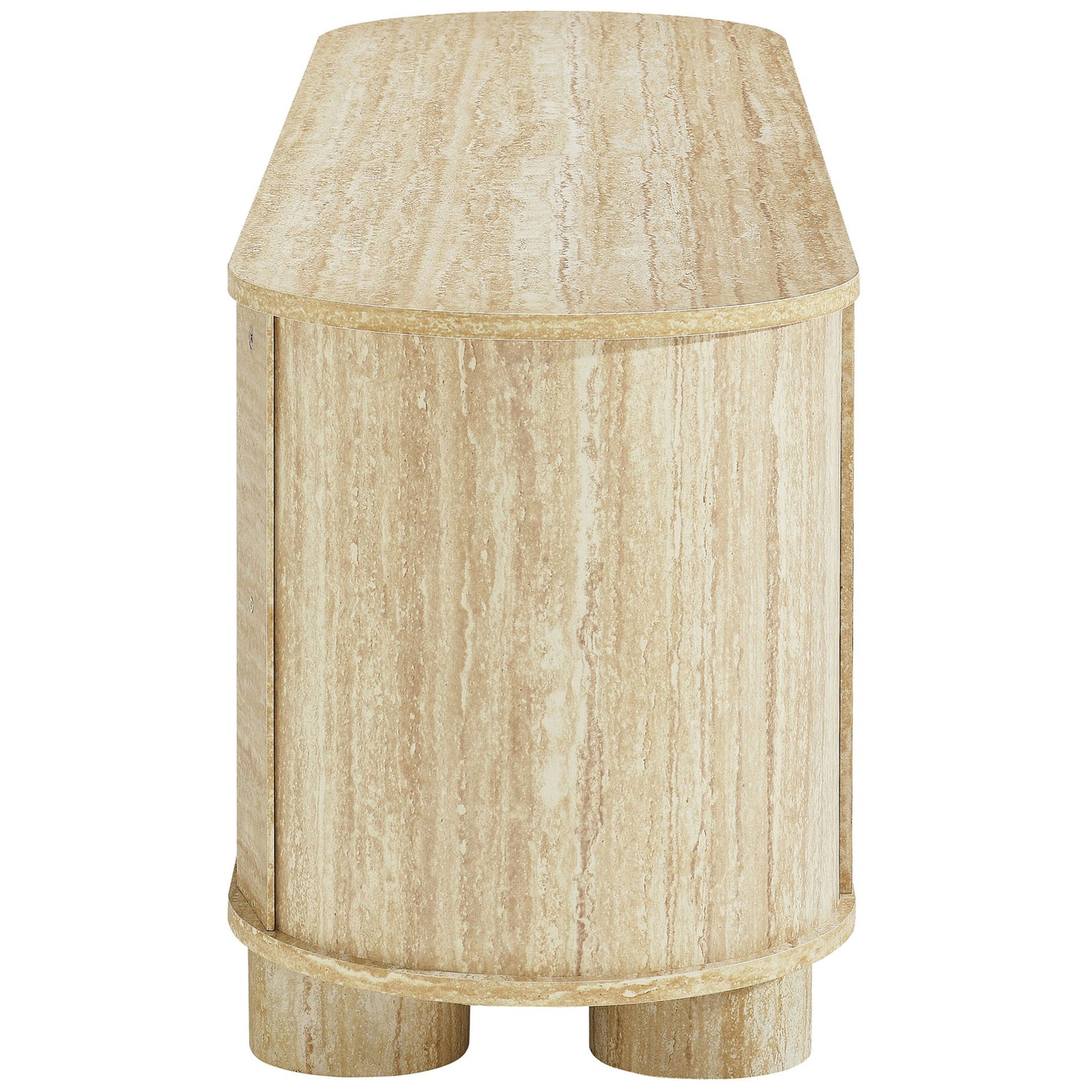 Oval faux travertine TV console with rounded side profile and clean, continuous panels || EEI-7016-TRA || side_studio